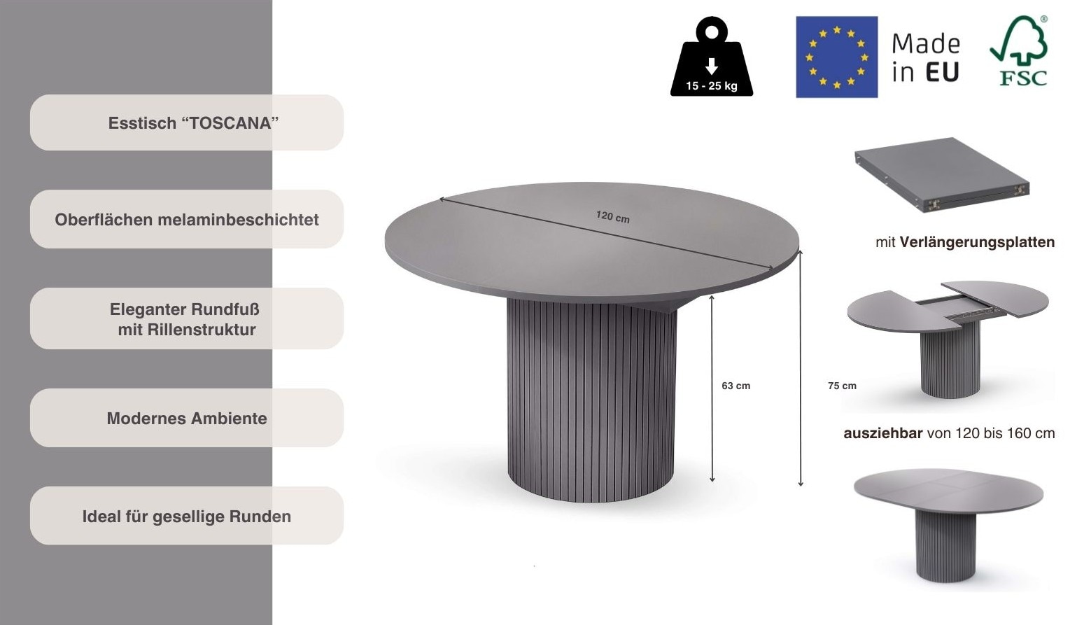 Woodman Esstisch »Toscana«, Breite 120 cm, melaminbeschichtet, mit Verlängerungsplatten