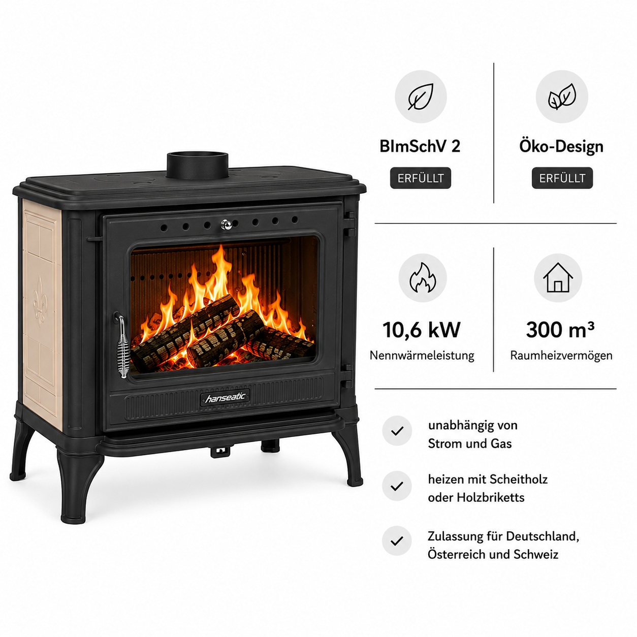 Hanseatic Kaminofen »Castor XXL, Gussofen mit Beige emaillierten Seiten für 50cm Holz« Großer Feuerraum