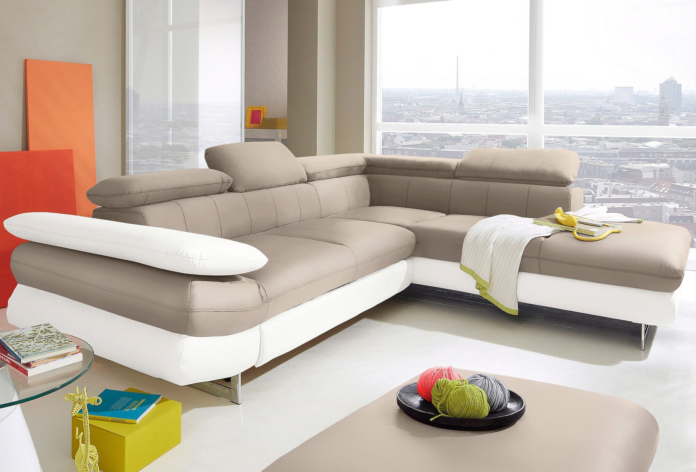 COTTA Ecksofa "Solution L-Form, Design Sofa, bequeme Wellenunterfederung, Design Fuß" mit Arm- & Kopfteilverstellung, wahlweise mit Schlaffunktion