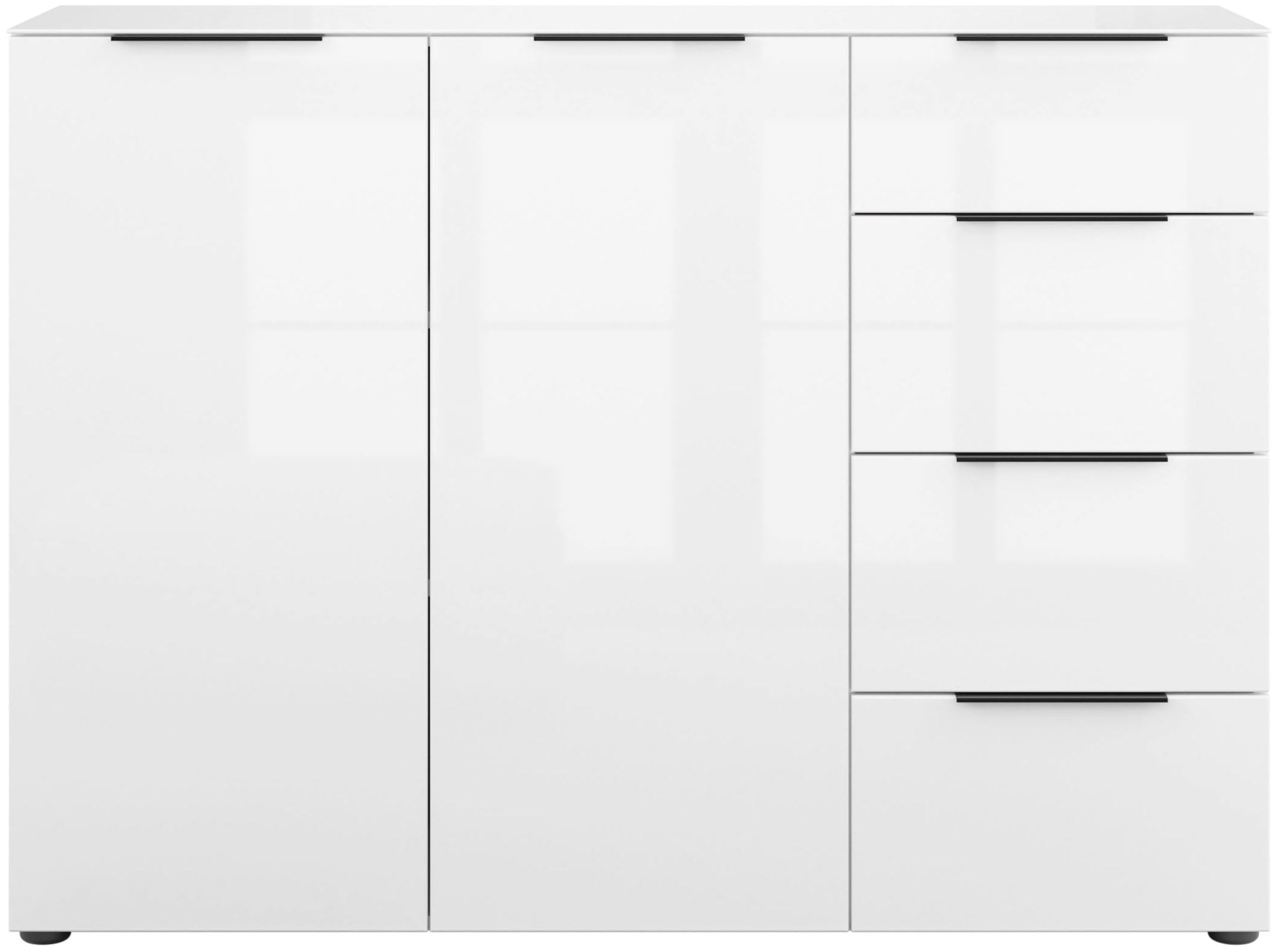 Manjana Möbel Highboard "mit Chrom oder Schwarz matten Metallgriffen & Glasfront, Soft-Close" melaminbeschichteter Korpus, mit Vollauszug, Made in Germany