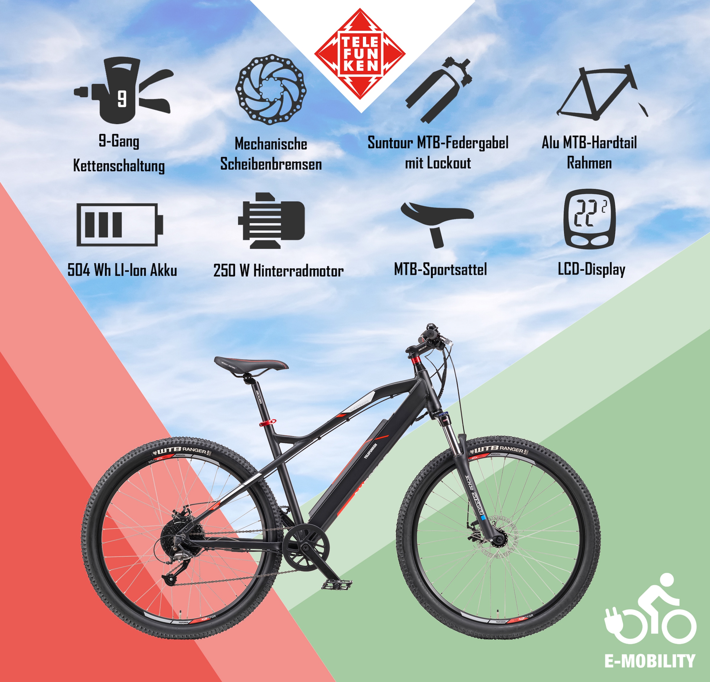 Telefunken E-Bike »M924«, 9 Gang, Shimano, Altus, Heckmotor 250 W, (36 V 504 Wh Akku-ca. 100 km Reichweite-Geländebike off road), Mountainbike MTB Elektrofahrrad, Damen Herren, 27,5 / 29 Zoll, Pedelec