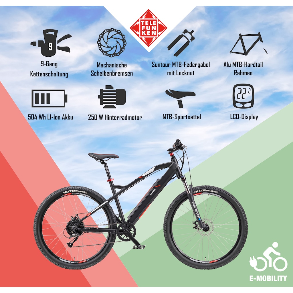 Telefunken E-Bike »M924«, 9 Gang, Shimano, Altus, Heckmotor 250 W, (36 V 504 Wh Akku-ca. 100 km Reichweite-Geländebike off road), Mountainbike MTB Elektrofahrrad, Pedelec, Damen Herren, 27,5 / 29 Zoll