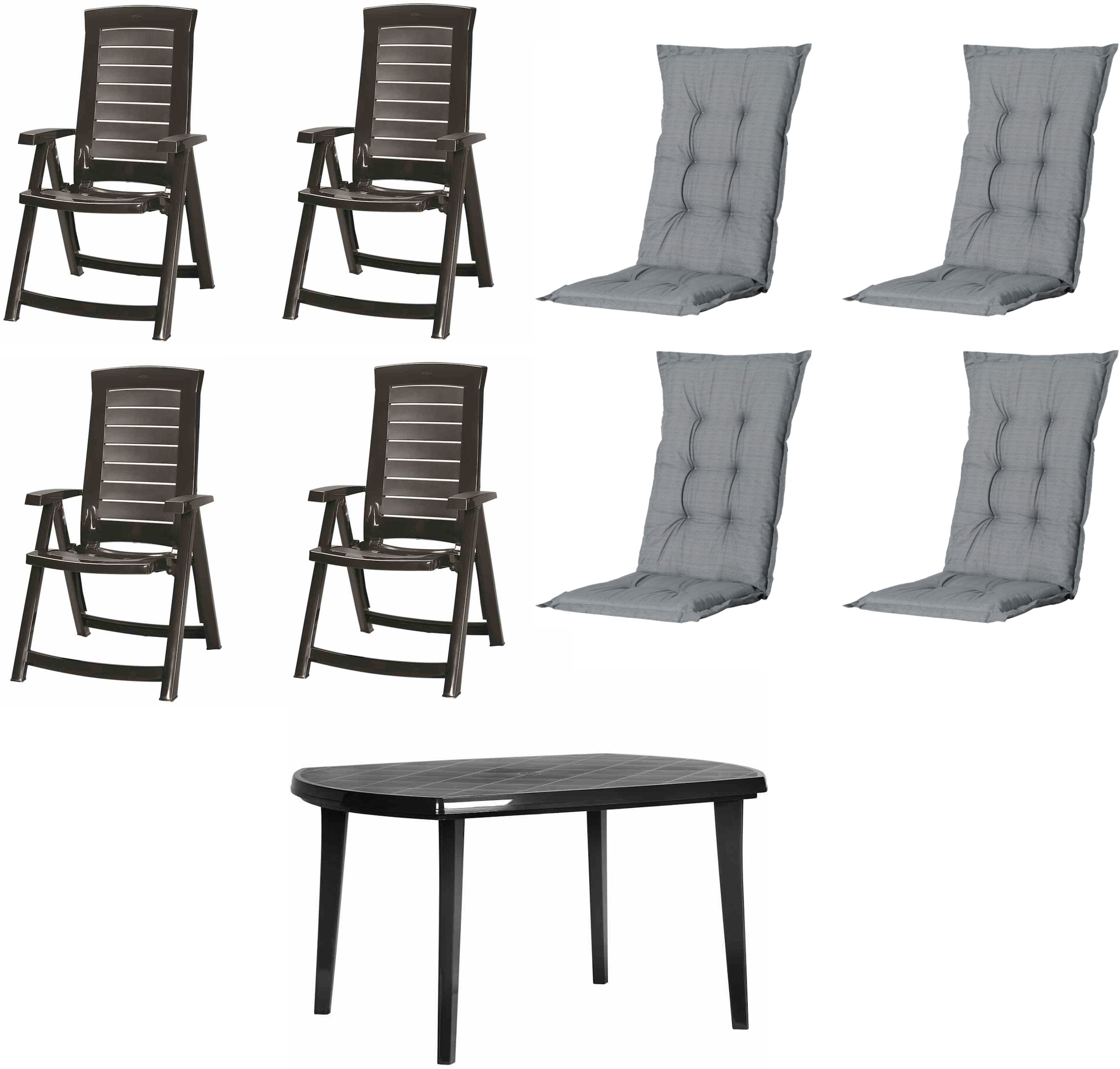 Jardin Garten-Essgruppe »Aruba + Elise« Set, 9 tlg. 4 x Klappsessel graphit, 1 x Tisch graphit, 4 x Auflage grau