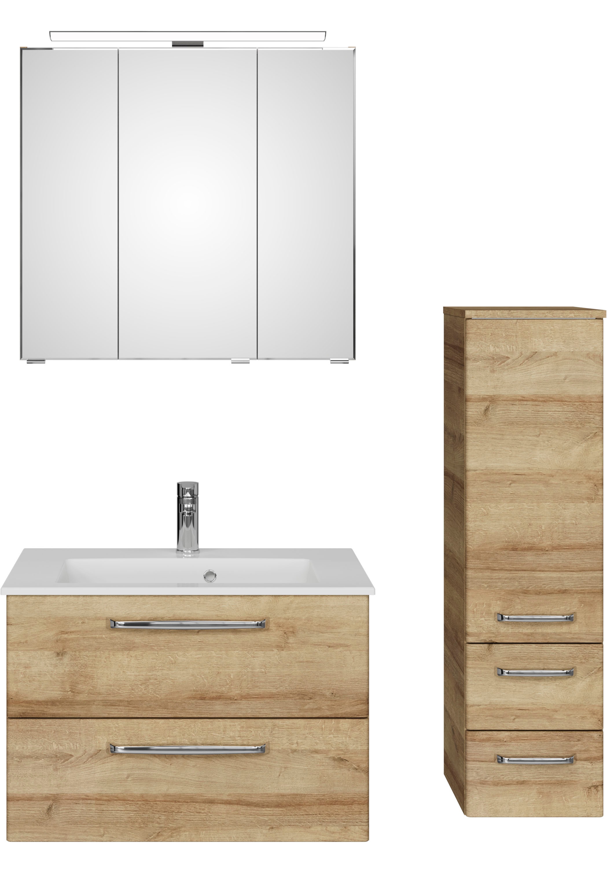 Saphir Badmöbel-Set »Badmöbel-Set Trentino 3-tlg Mineralmarmorwaschtisch,LED-Spiegelschrank«, (4 St.), Badezimmer-Set mit Midischrank inkl. Türdämpfer