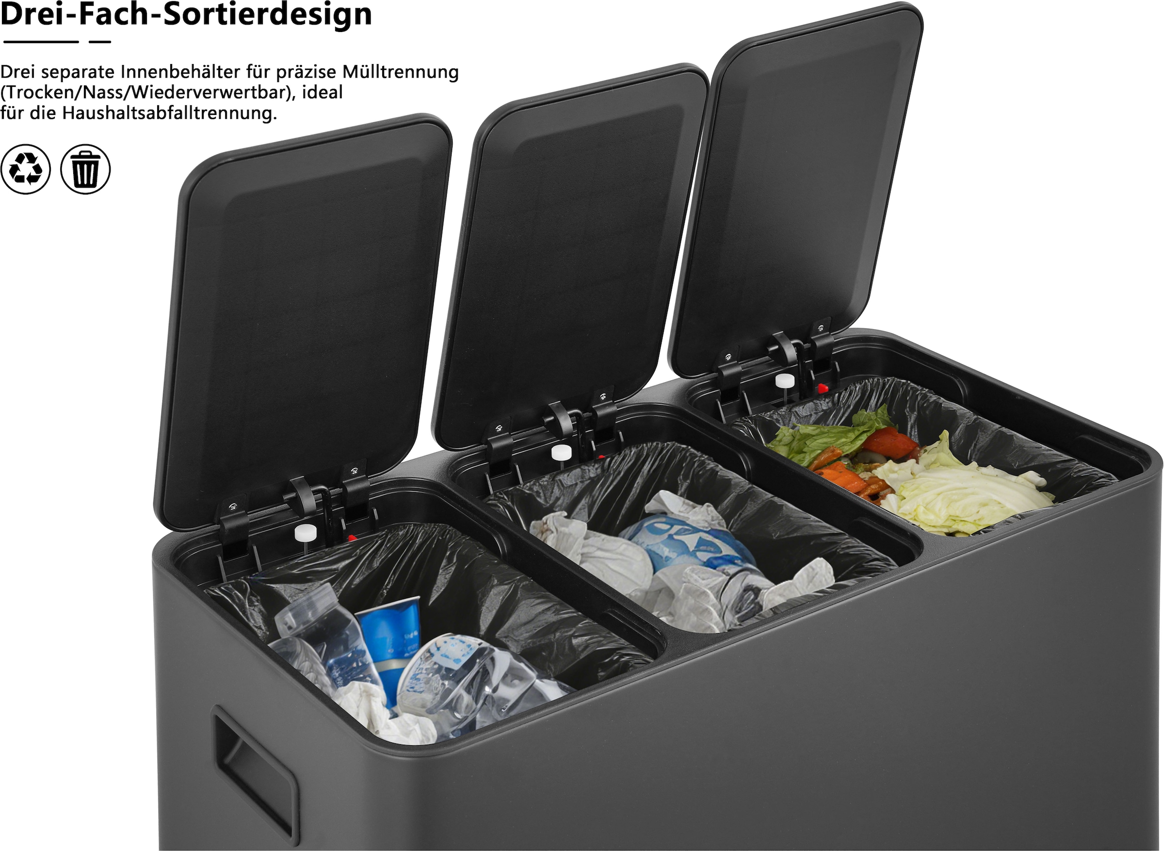 OTTO home Mülleimer »Garrin, Soft Close, Fassungsvermögen 3x 15 Liter« 3 Behälter Mülltrennsystem mit 3 separaten Innenbehältern und Fußtrittpedalen