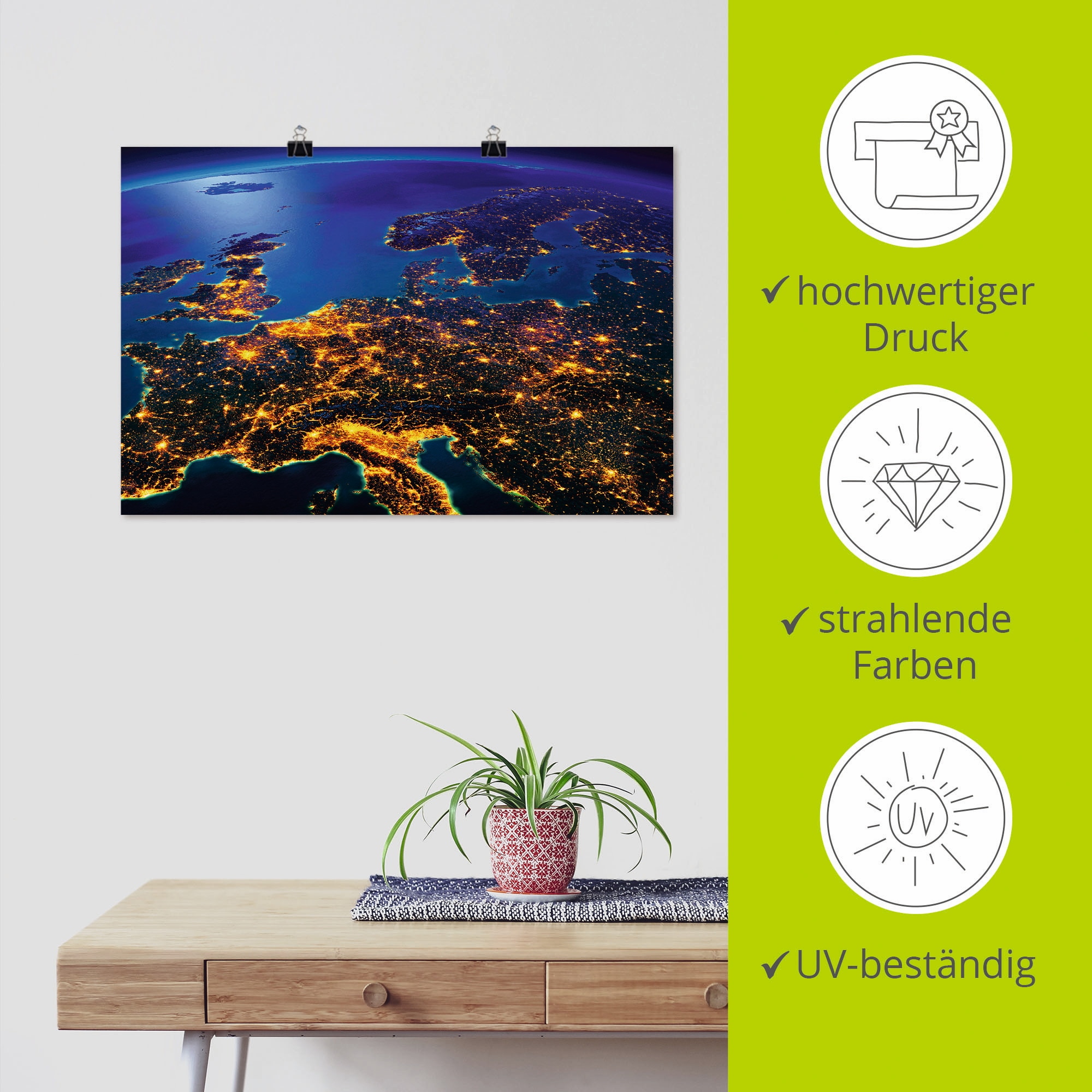 Artland Wandbild »Zentral Europa vom Weltraum«, Weltall & Kosmos, (1 St.), als Alubild, Outdoorbild, Leinwandbild, Poster, Wandaufkleber
