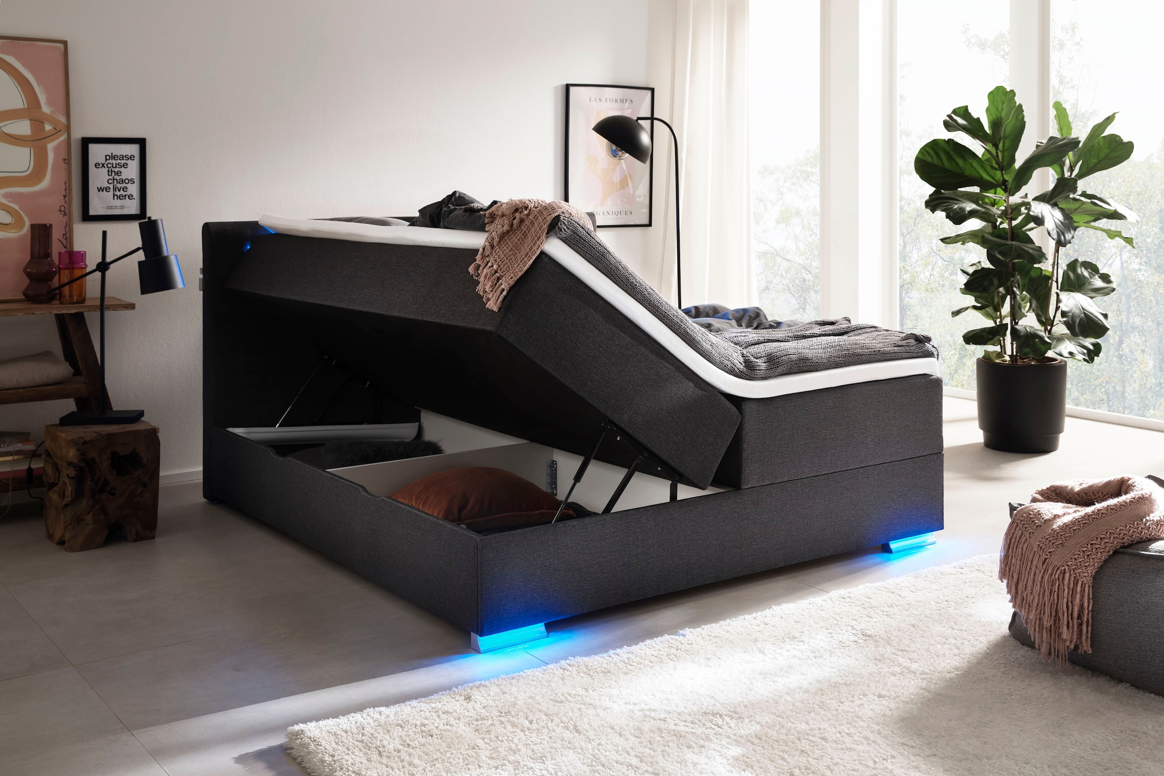 meise.möbel Boxspringbett »Las Vegas«, Füße und Kopfteil mit LED-Beleuchtung, mit Bettkasten und Topper