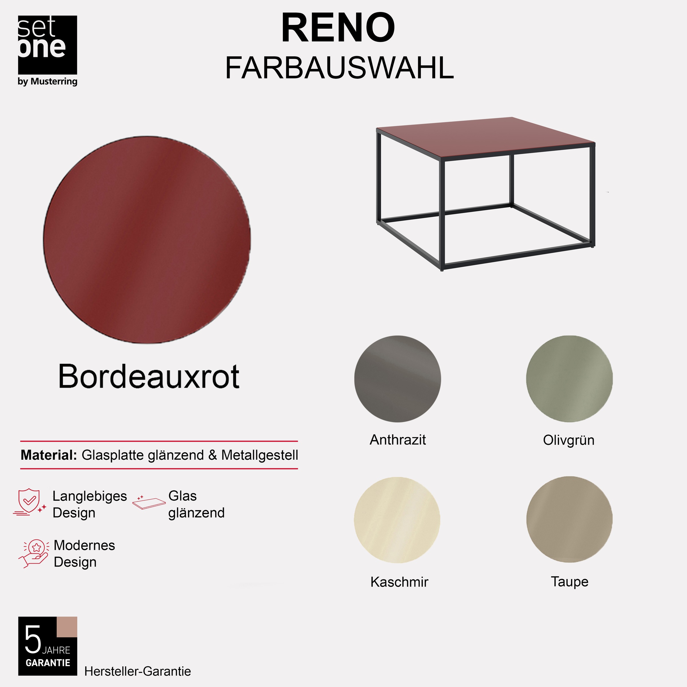 Couchtisch "Reno", graphit schwarz, glas bordeauxrot glanz, graphit schwarz, glas bordeauxrot glanz, B:80cm H:50cm T:80cm, SET ONE BY MUSTERRING, Tische, Couchtisch, Maße (BxHxT in cm) 80 x 50 x 80 3
