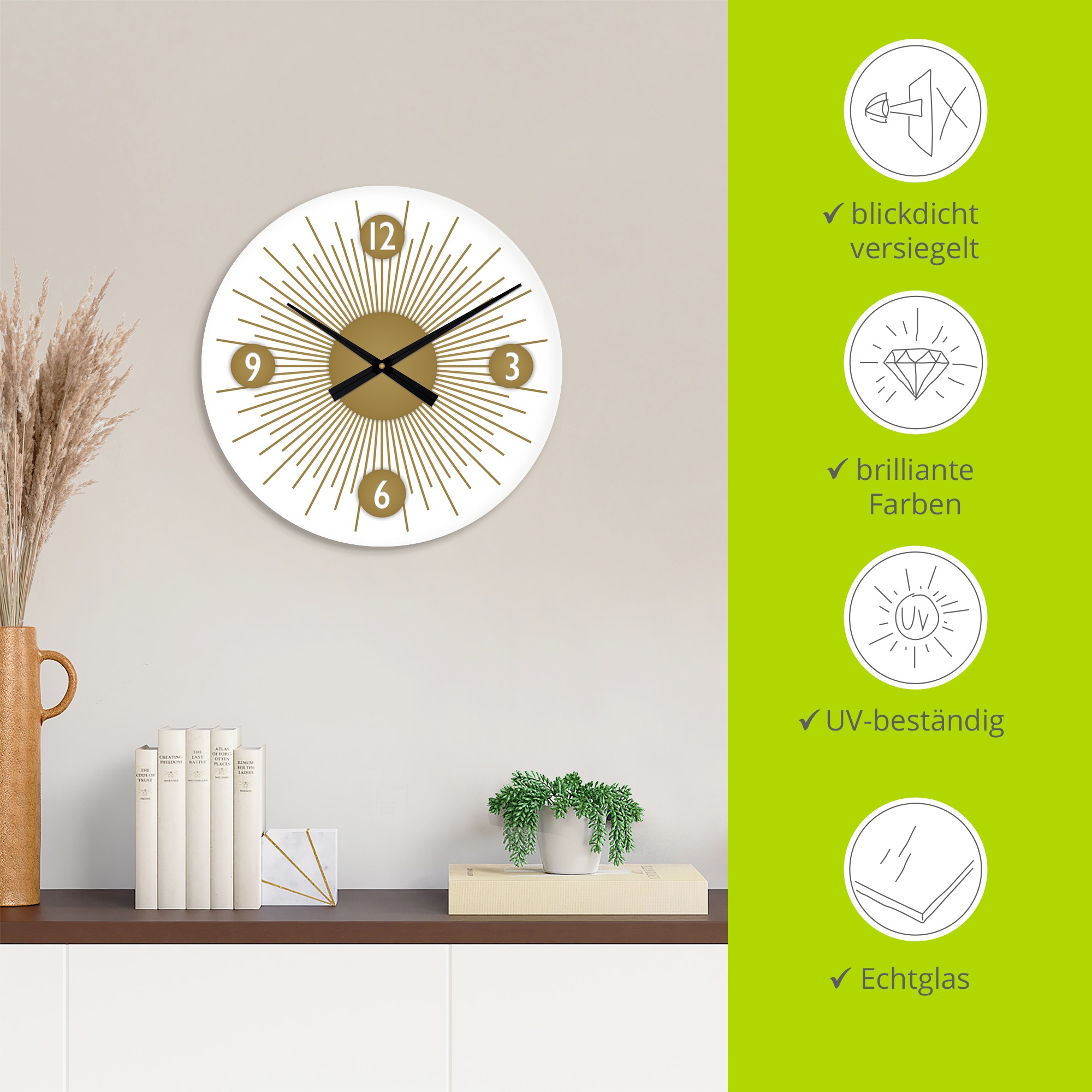 Artland Wanduhr »XXL Ø 50 cm Goldener Sonnenstrahl«, lautlos ohne Tickgeräusche