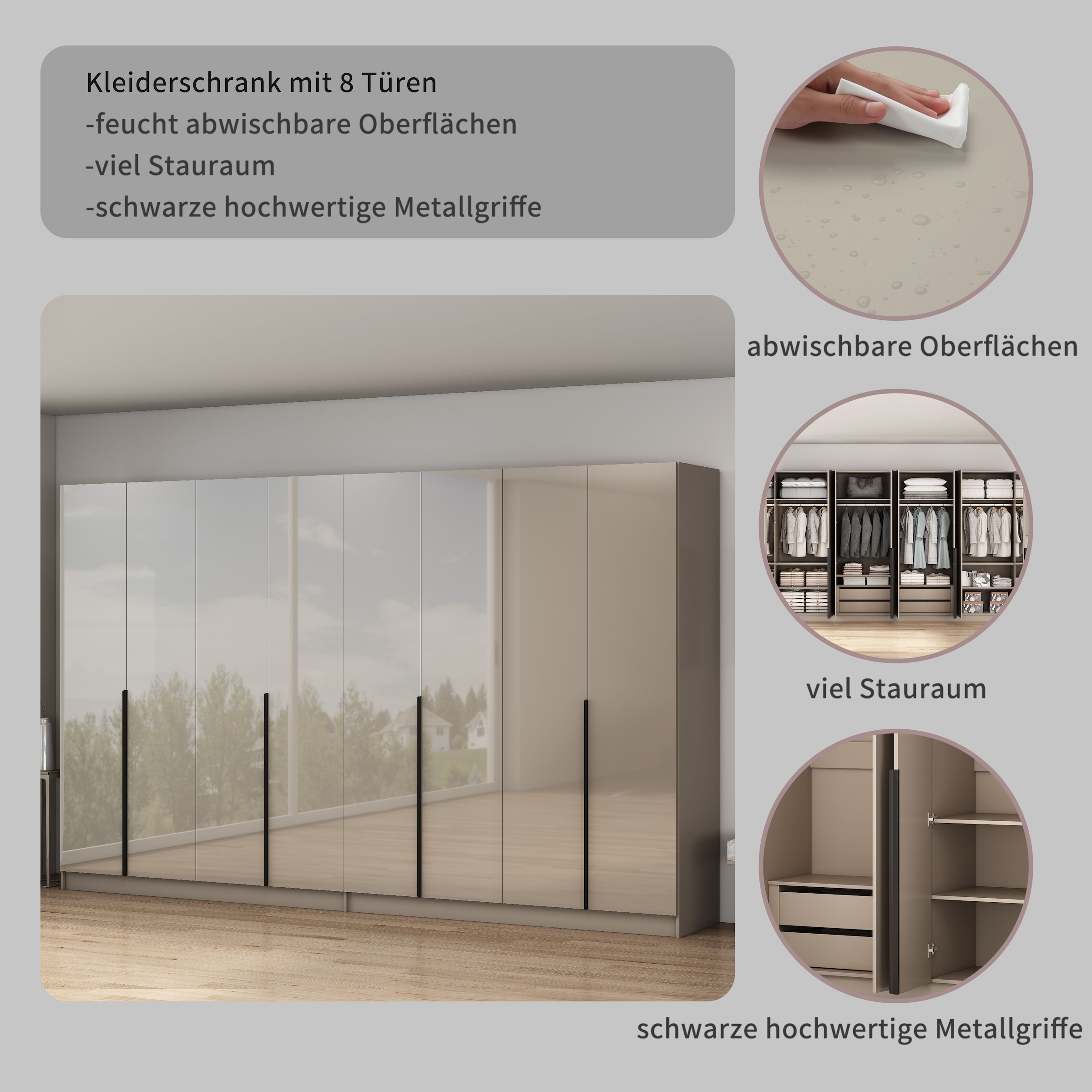 OTTO home Kleiderschrank »Annor Schlafzimmerschrank Breite 323 cm hochglanz Schrank Garderobe« Drehtürenschrank mit perfekter Innenausstattung - elegante Türgriffe