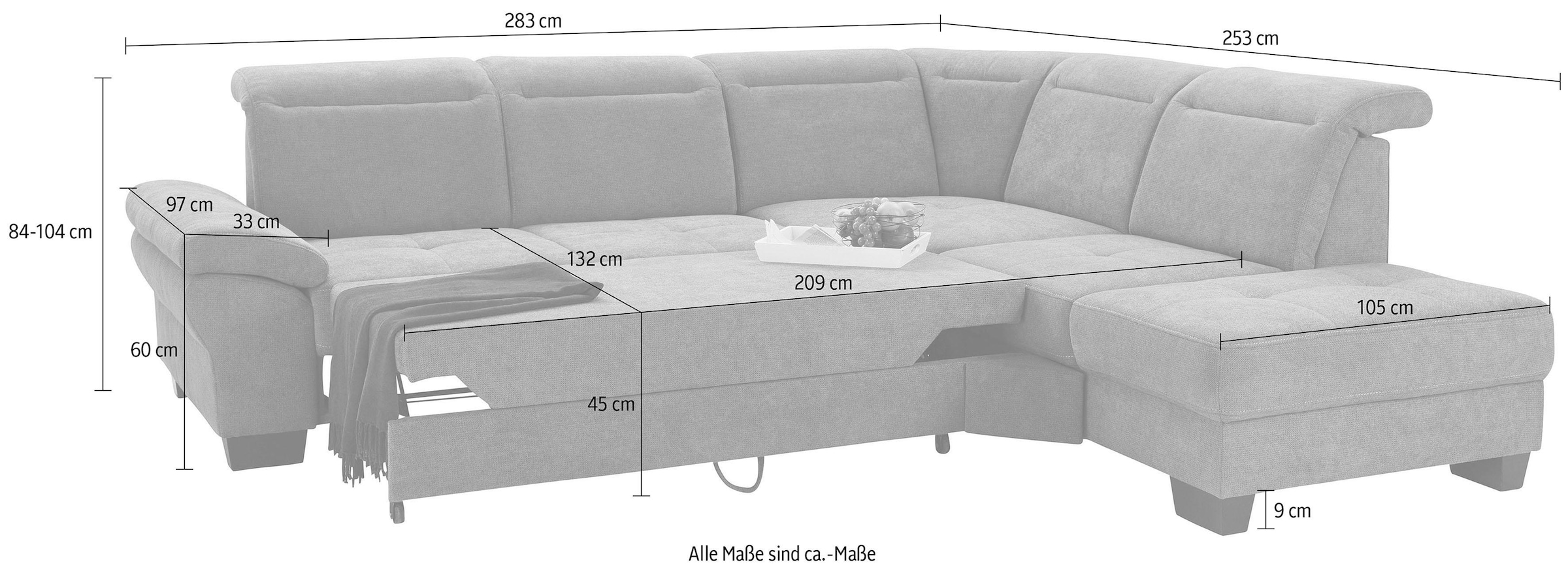 Places of Style Ecksofa »Cornwall L-Form«, incl. Sitztiefenverstellung, mit Bettfunktion und Kopfteilverstellung