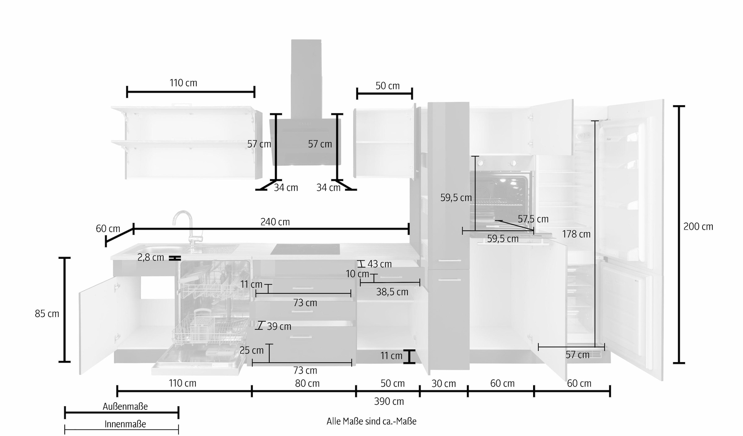 KOCHSTATION Küchenzeile »KS-Utah«, mit E-Geräten und großer Kühl- Gefrierkombination, Breite 390 cm