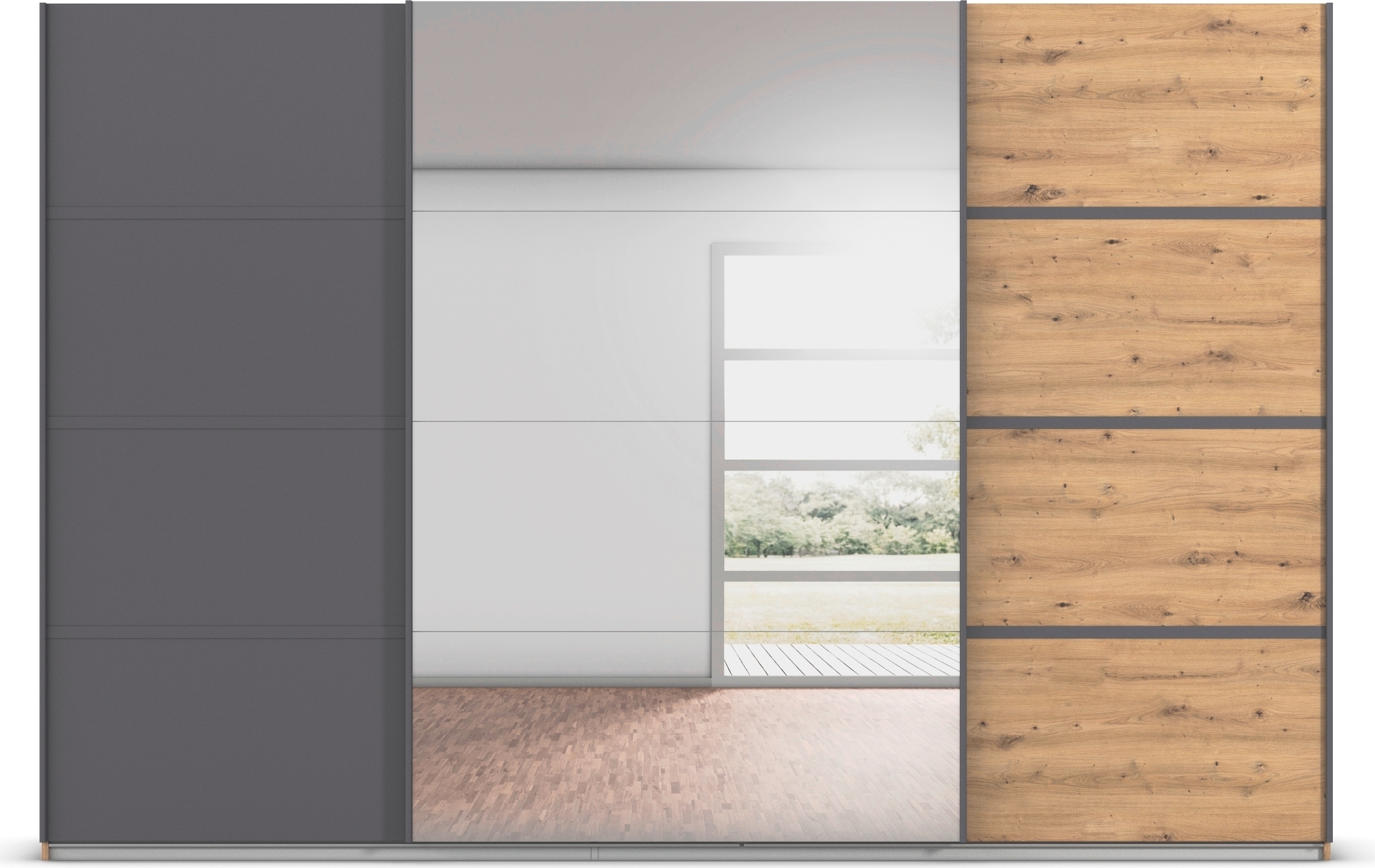 rauch Kleiderschrank »Schwebetürenschrank OTTO´s Choice Garderobe Schrank TOP ANGEBOT Avola«, (in 3 verschiedenen Ausstattungen BASIC/CLASSIC/PREMIUM inkl. Spiegel), mit eleganten Zierleisten in Chrom, Schwarz oder Weiß MADE IN GERMANY