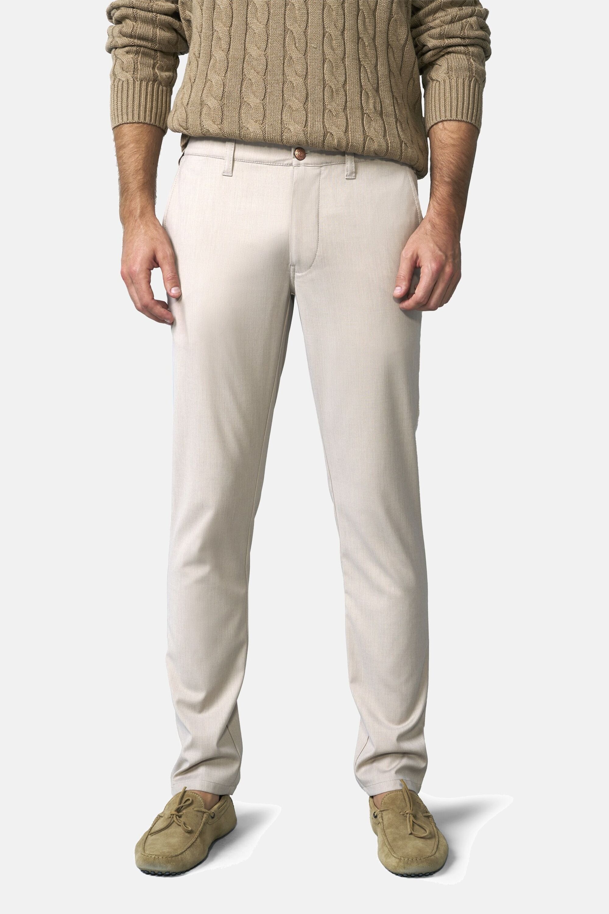 Chinos MEYER "M5 Move 9-6196", Herren, Gr. 30, Länge 32, beige, 68% Polyester, 28% Viskose, 4% Elasthan, unifarben, regular fit lang, Hosen, aus recycelten Fasern