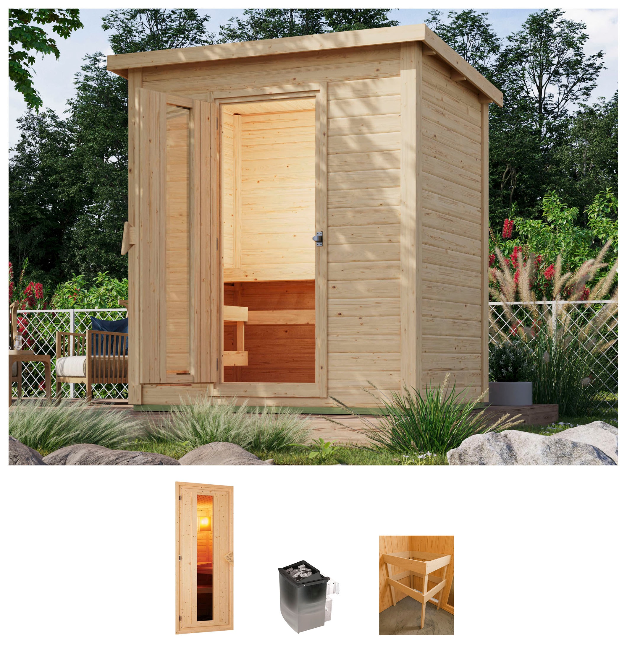 Karibu Saunahaus "Talo 1" Set, Ofen 9 kW integr. Strg