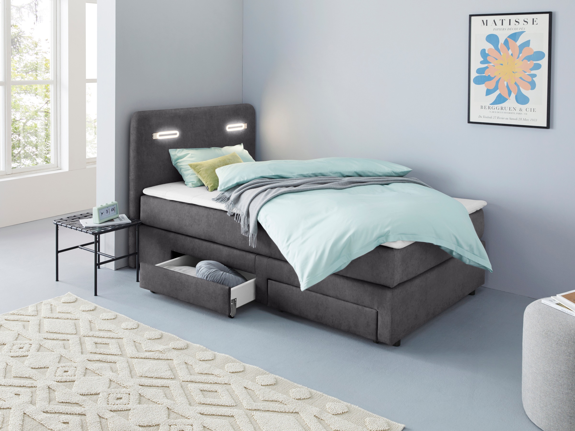 INOSIGN Boxbett »Luan«, Schubkästen, LED-Beleuchtung und Topper, in Breite 120 cm und 180 cm
