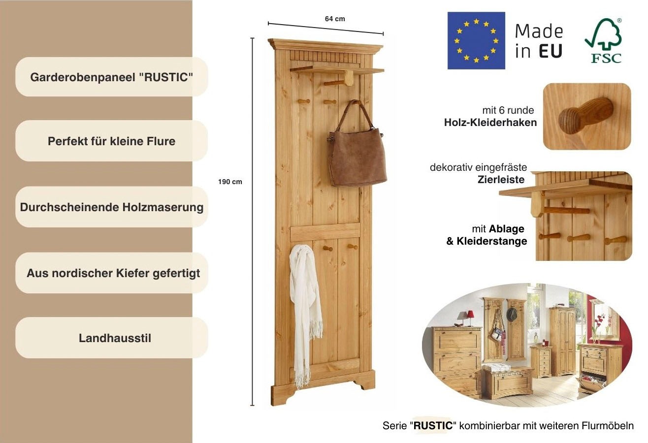Thumbnail - Home affaire Garderobenpaneel "Rustic", aus massiver Kiefer, Höhe 190 cm, mit Ablage, Holzhaken