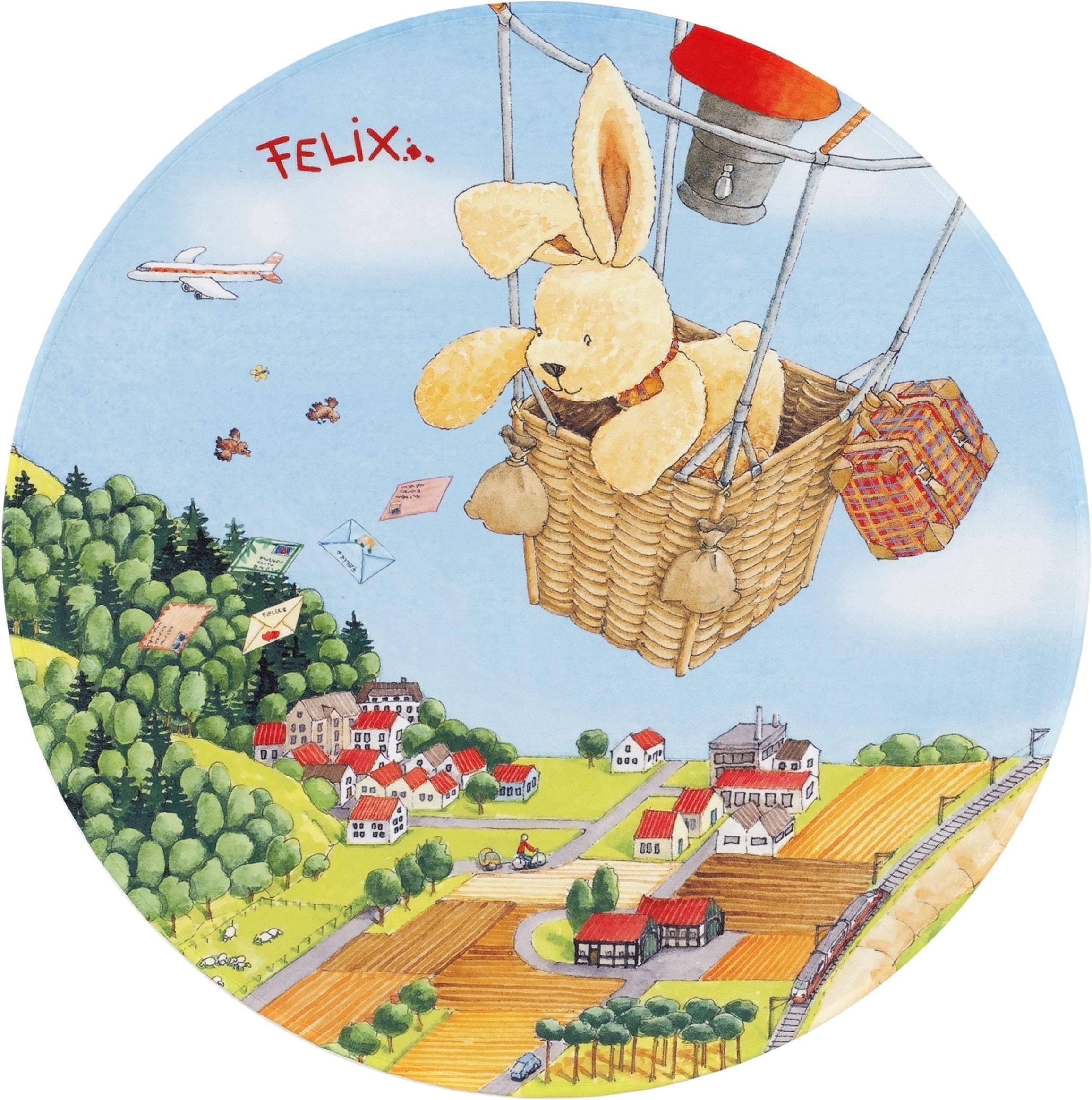 Felix der Hase Kinderteppich »FE-415«, rund, 6 mm Höhe, Stoff Druck, Motiv Heißluftballon, weiche Mircofaser, Kinderzimmer