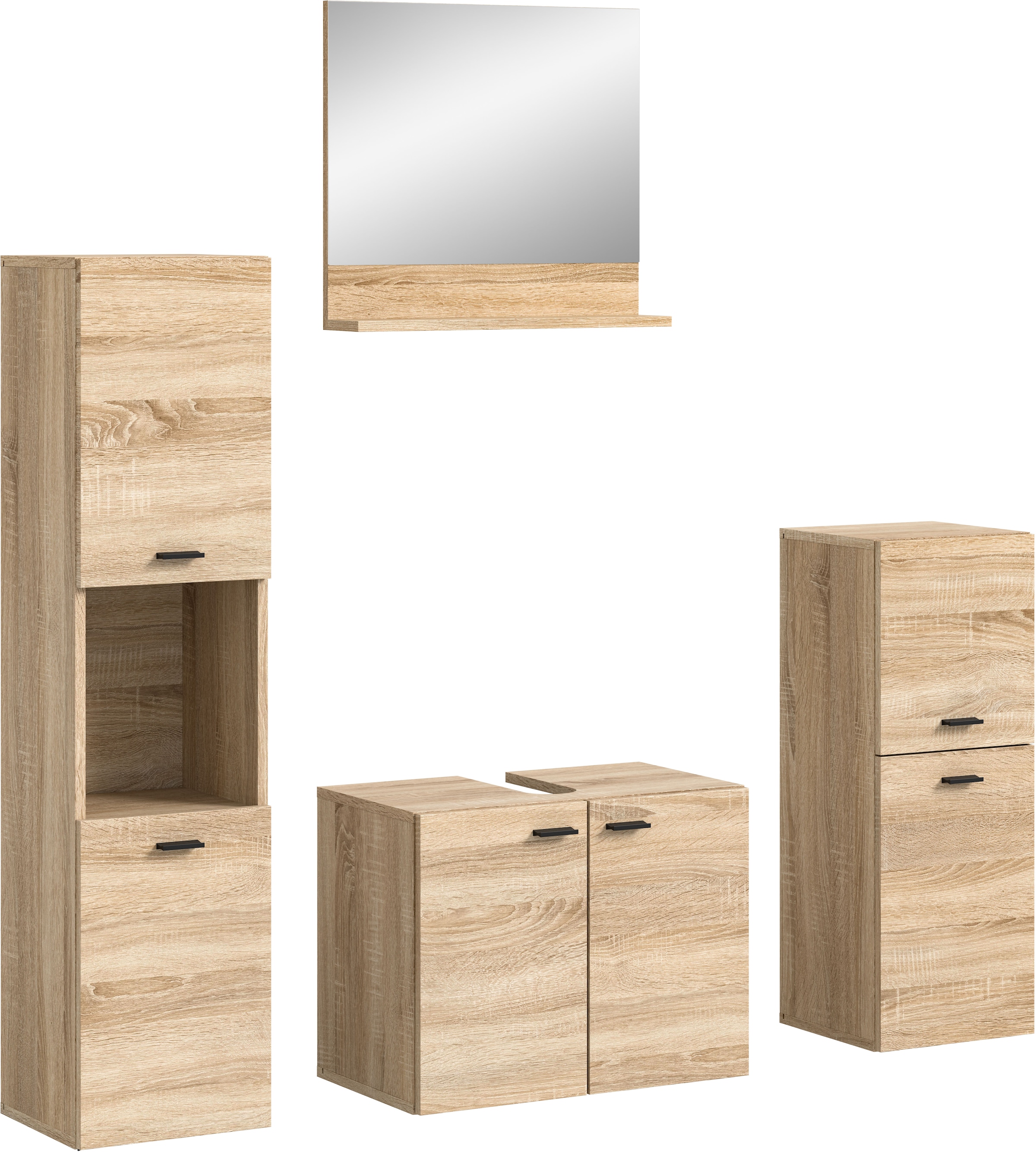 welltime Badmöbel-Set »Tampa, Breite 137cm, 4-teilig«, (4 St.), Waschbeckenunterschrank, Spiegel, Hochschrank, Midischrank