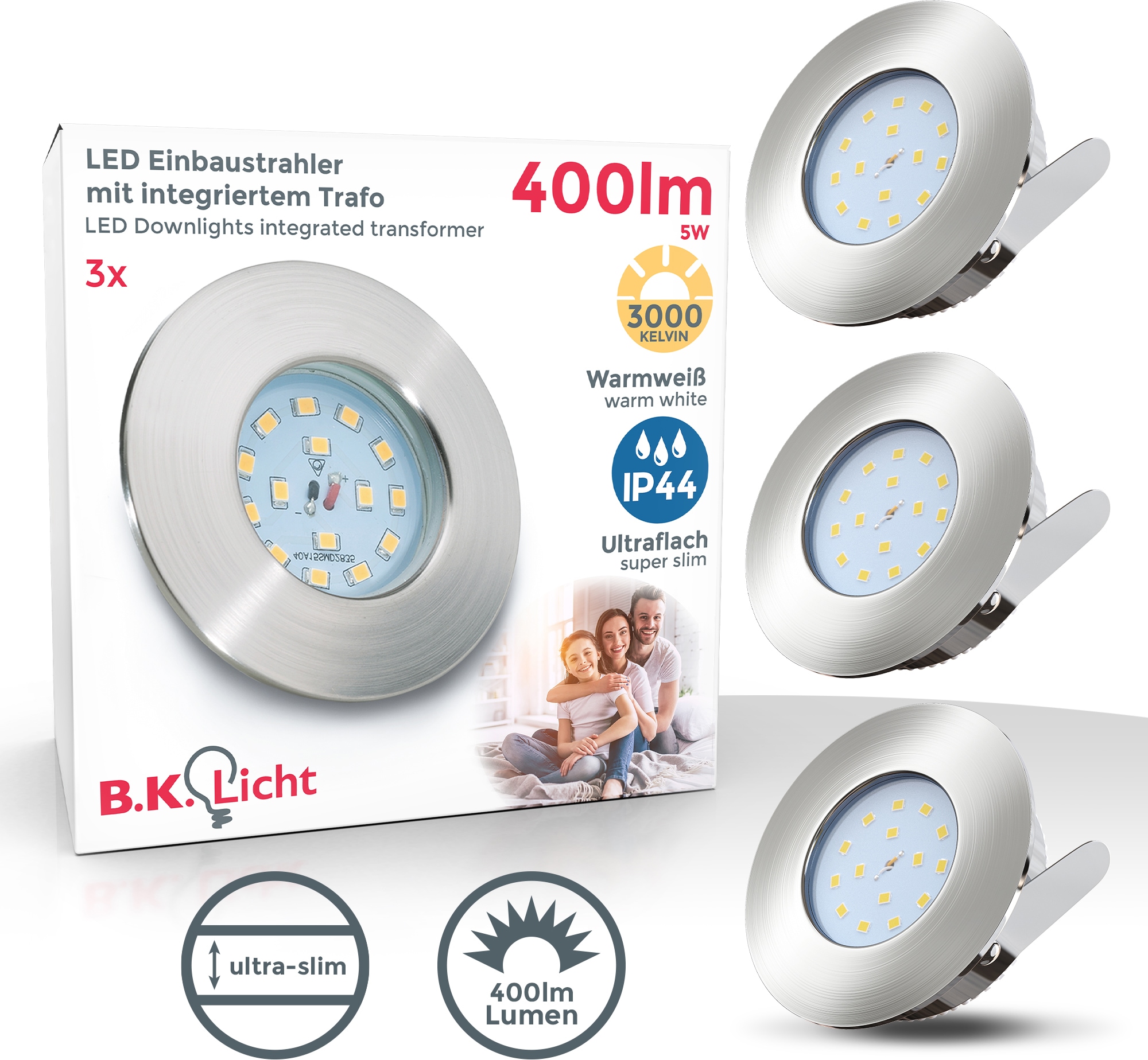 B.K.Licht LED Bad-Einbauleuchte »Elias«, 3er Set, Schutzart IP44, spritzwassergeschützt, Ø 7,5 cm