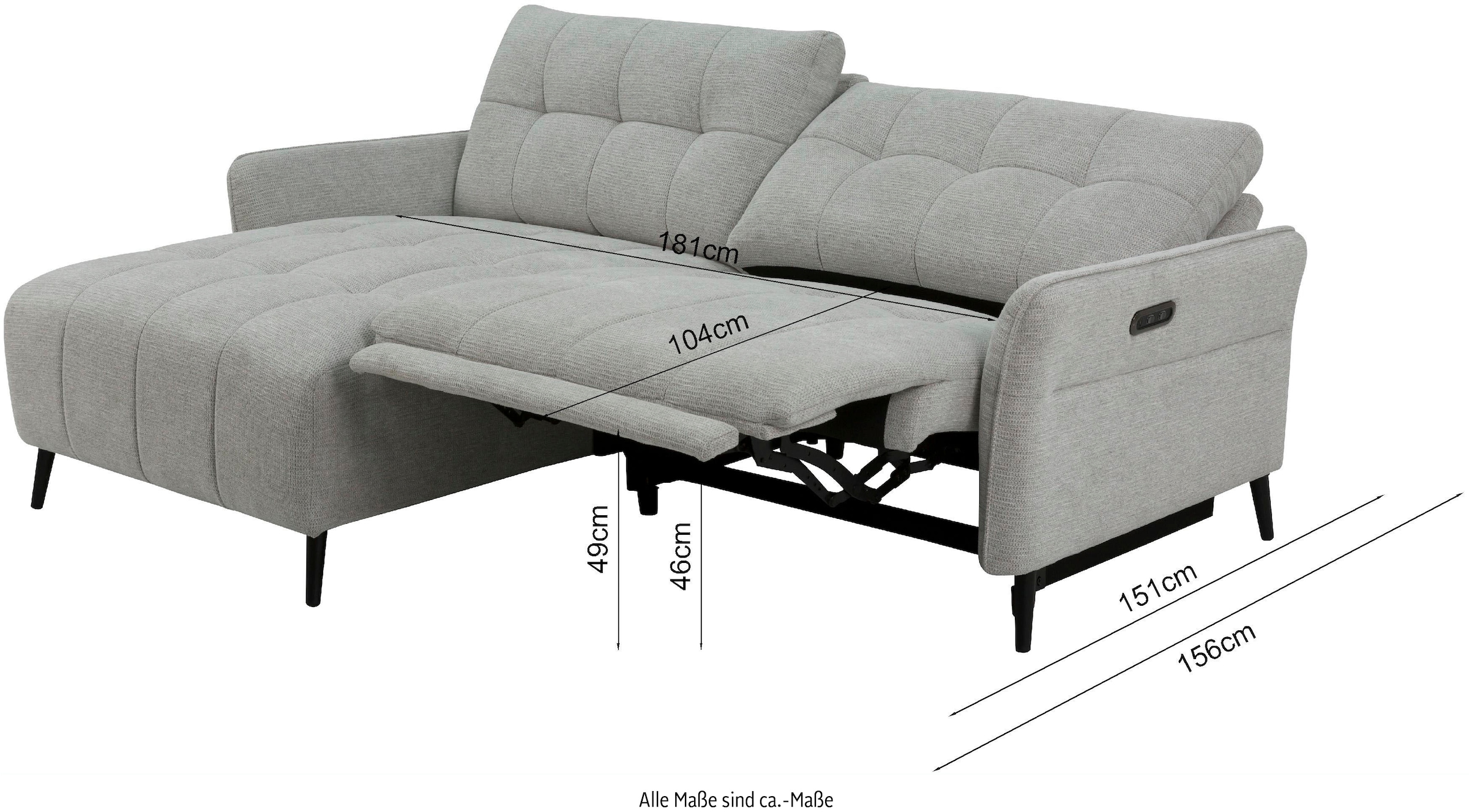 INOSIGN Ecksofa »DENIO 3-Sitzer, L-Form (Breite 209cm), elektr. Relaxfunktion, USB-A/C«, Liegefunktion durch Recliner, Federkernpolsterung