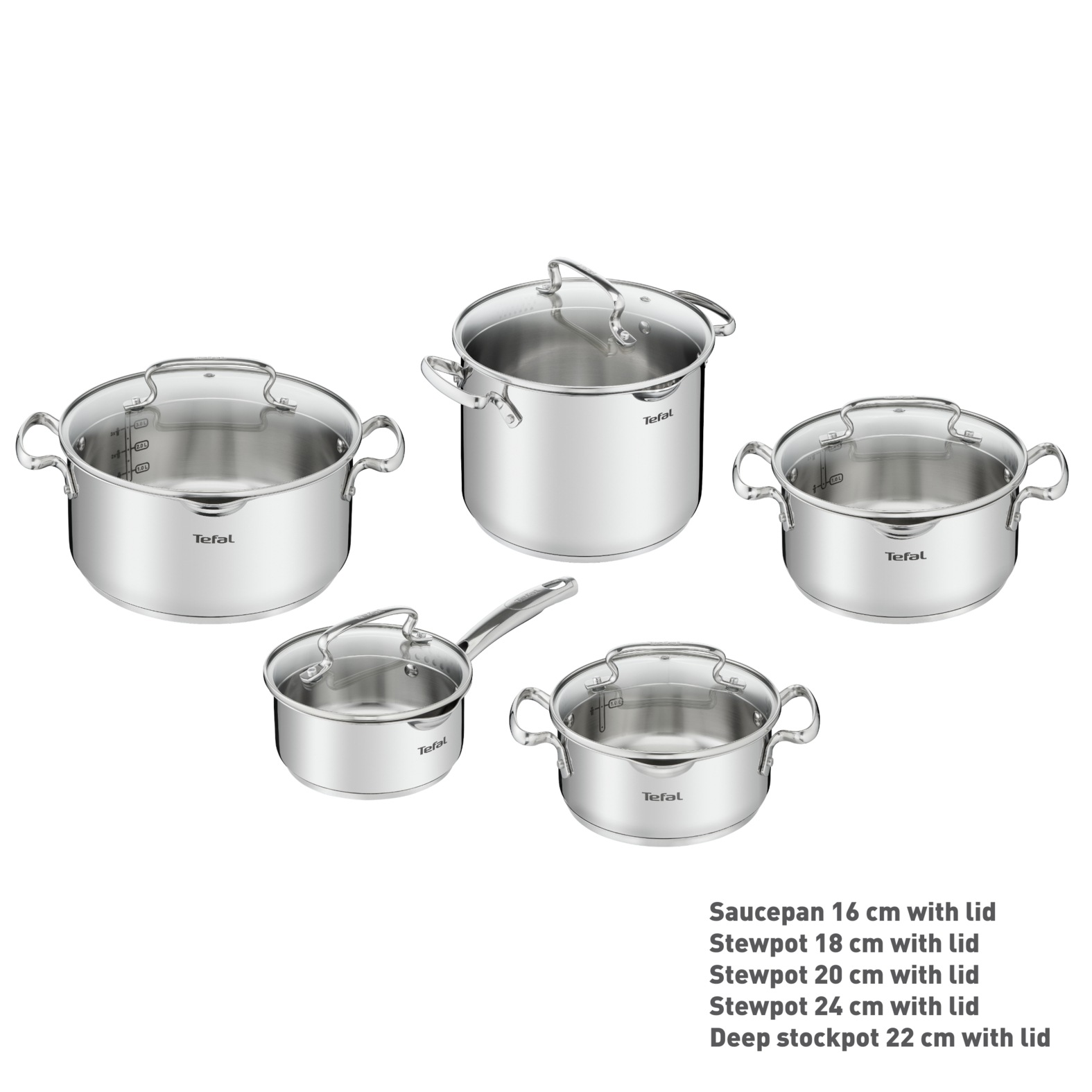 Tefal Topf-Set »Duetto+, Kochtopf Set mit Glasdeckel« Set, Stieltopf 16 cm, Schmortöpfe 18/20/24 cm, Suppentopf 22 cm, 10 tlg. Edelstahl