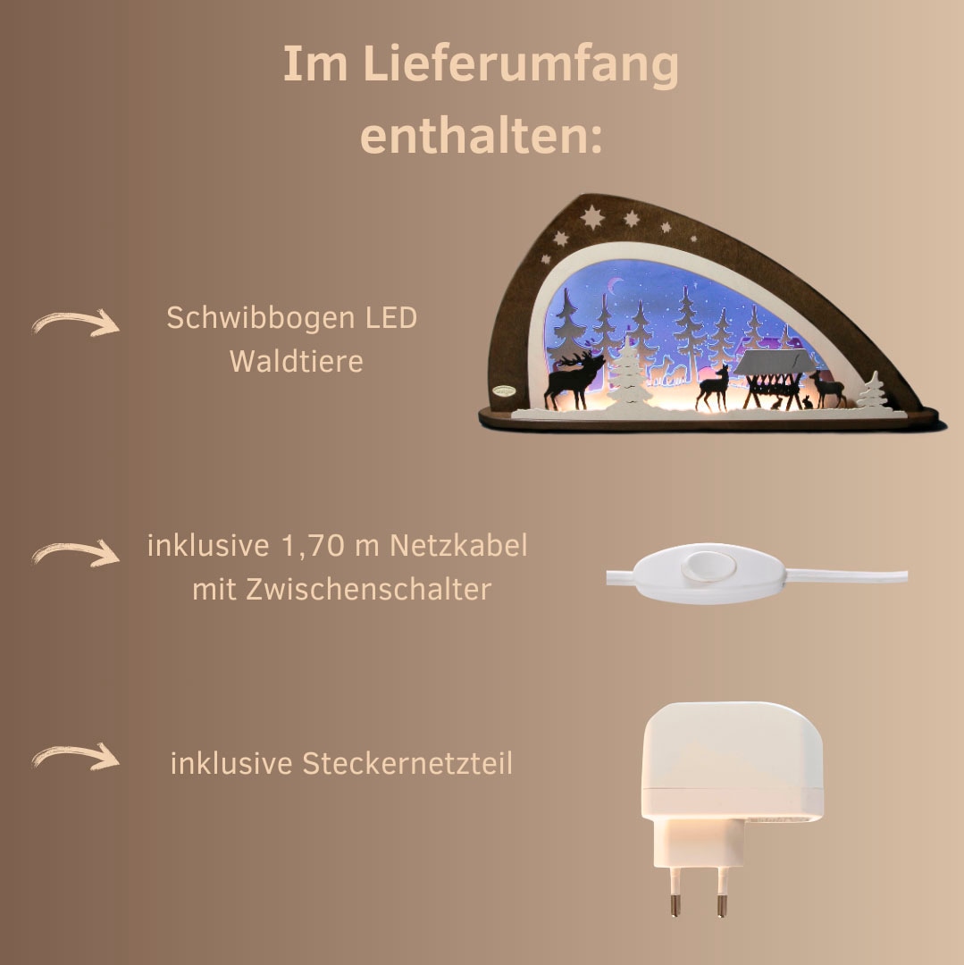 Weigla Lichterbogen »LED Waldtiere, moderner Schwibbogen aus Holz & Acrylglas«, Erzgebirge garantiert, Weihnachtsdeko Innen, Weihnachtsbeleuchtung