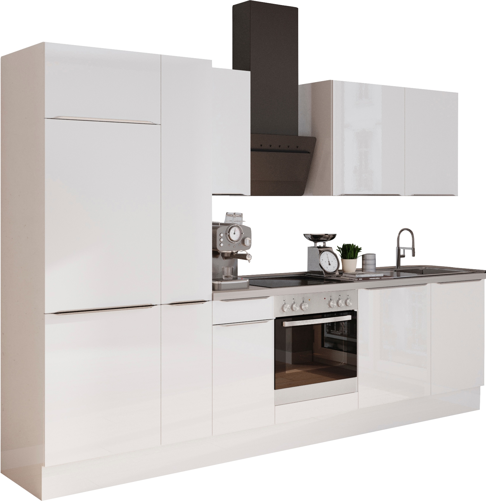 KOCHSTATION "KS-Aken" Breite 300 cm, wahlweise mit E-Geräten, mit Arbeitsplatte 38 mm stark