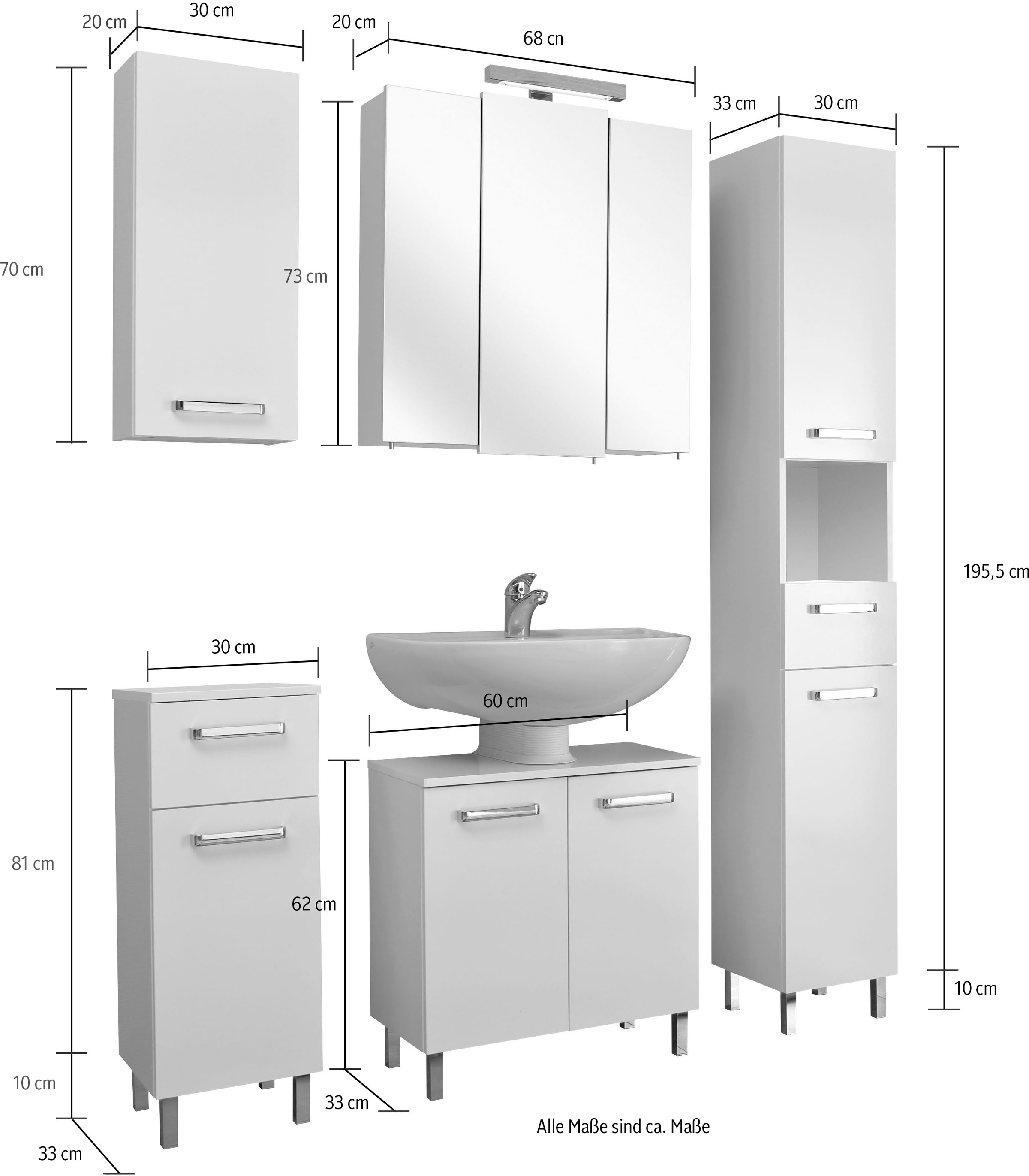 Saphir Badmöbel-Set »Quickset 5-teilig, Waschbeckenunterschrank mit LED-Spiegelschrank«, (5 St.), Hochschrank, Unterschrank, Hängeschrank, inkl. Türdämpfer, 8 Türen