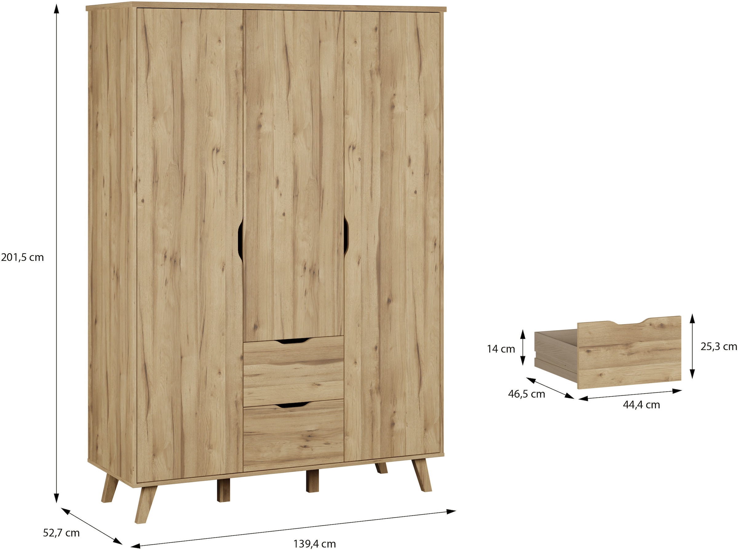 FORTE Drehtürenschrank »Vankka skandinavischer-Stil, viel Stauraum, ohne Griffe« B/H/T ca.140x200x52cm,  Made in Europe, mit Einlegeböden+Kleiderstange+Schubladen,grifflos