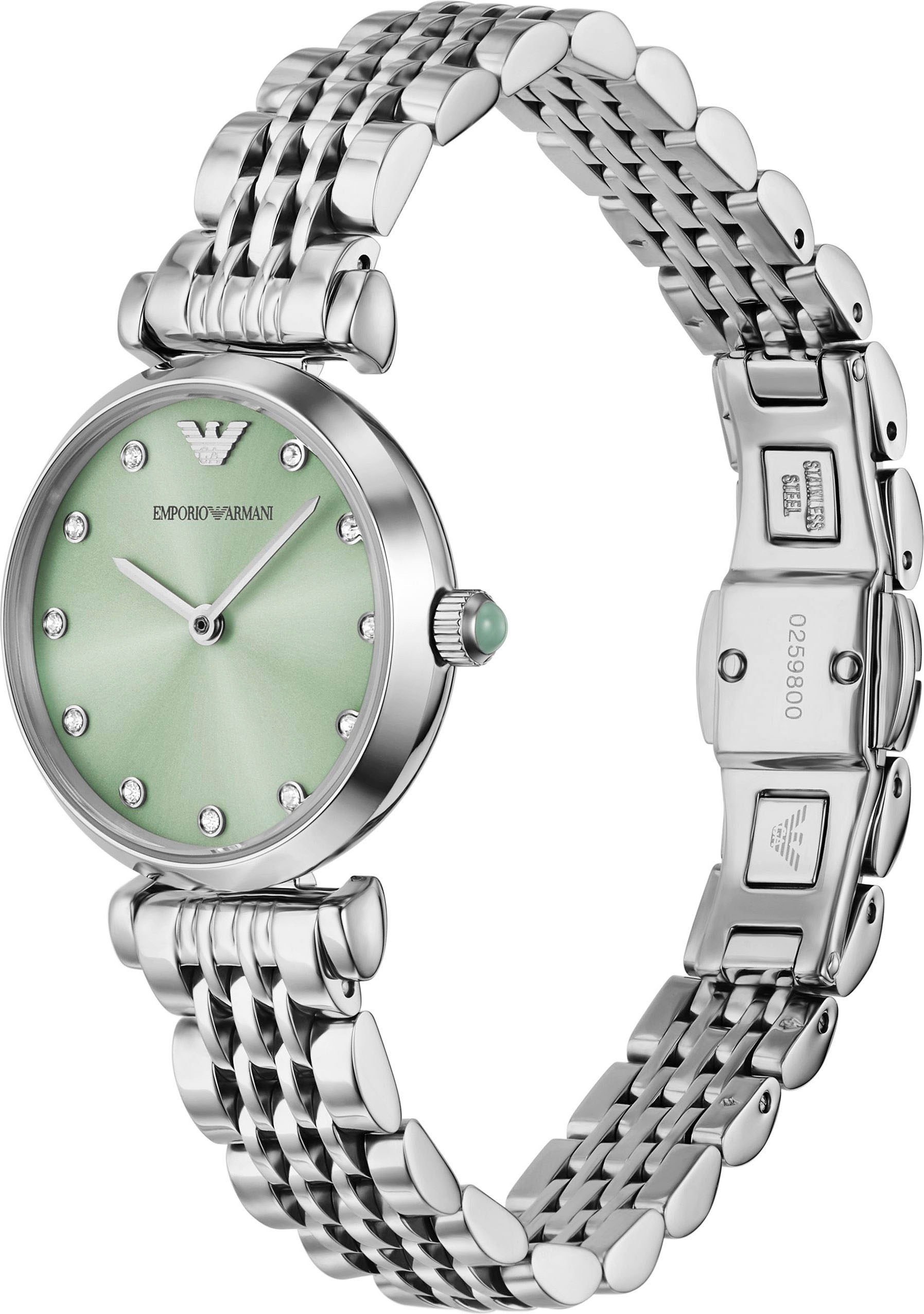Emporio Armani Quarzuhr, Armbanduhr, Damenuhr, Edelstahlarmband, analog, Glassteine