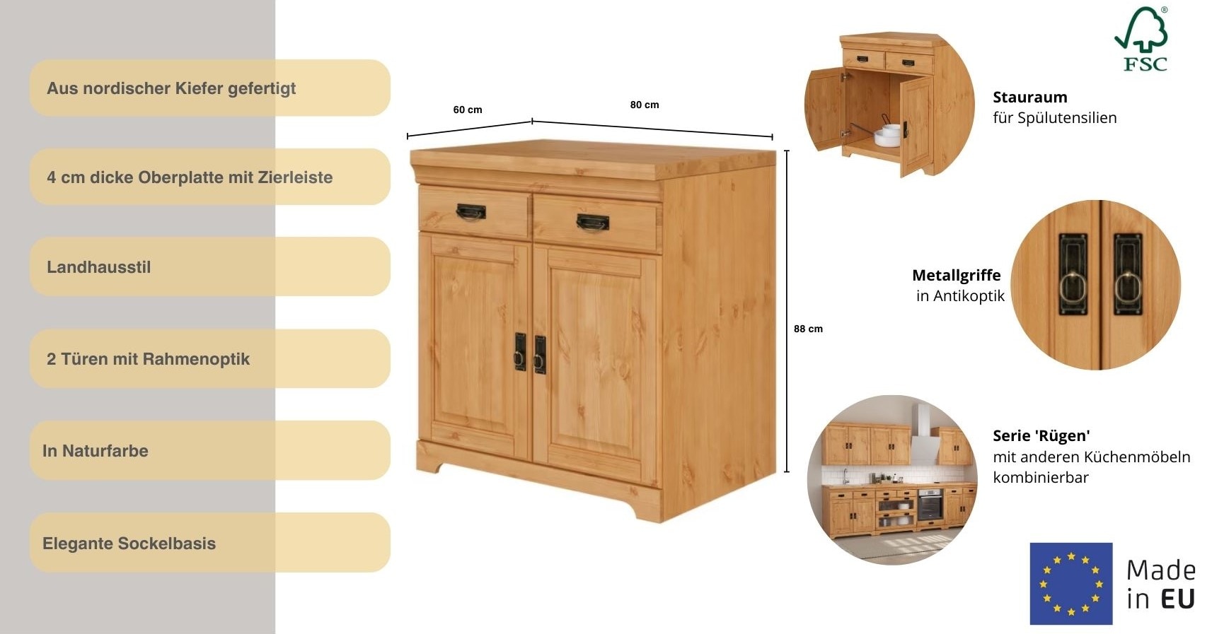Home affaire Spülenschrank »Rügen«, Breite 80 cm, Kiefer massiv, mit 2 Türen