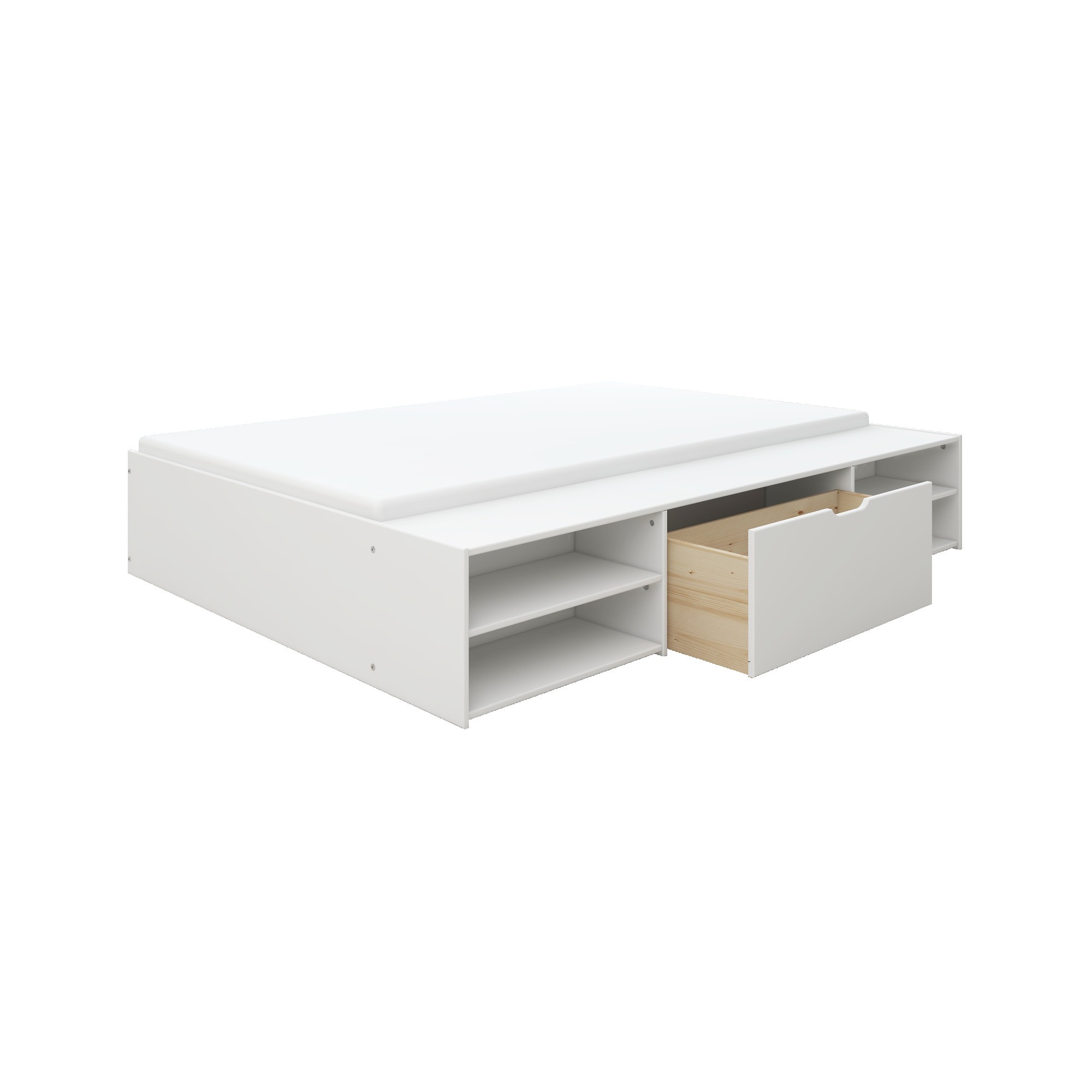 Home affaire Stauraumbett »Cavan, Jugendbett, Podestbett, Futonbett, Made in EU«, (Breite/ Belastbarkeit: 120cm/200 KG, 90cm/ 100KG), inklusive Lattenrost, viel Stauraum, breite Ablage, FSC® zertifiziert