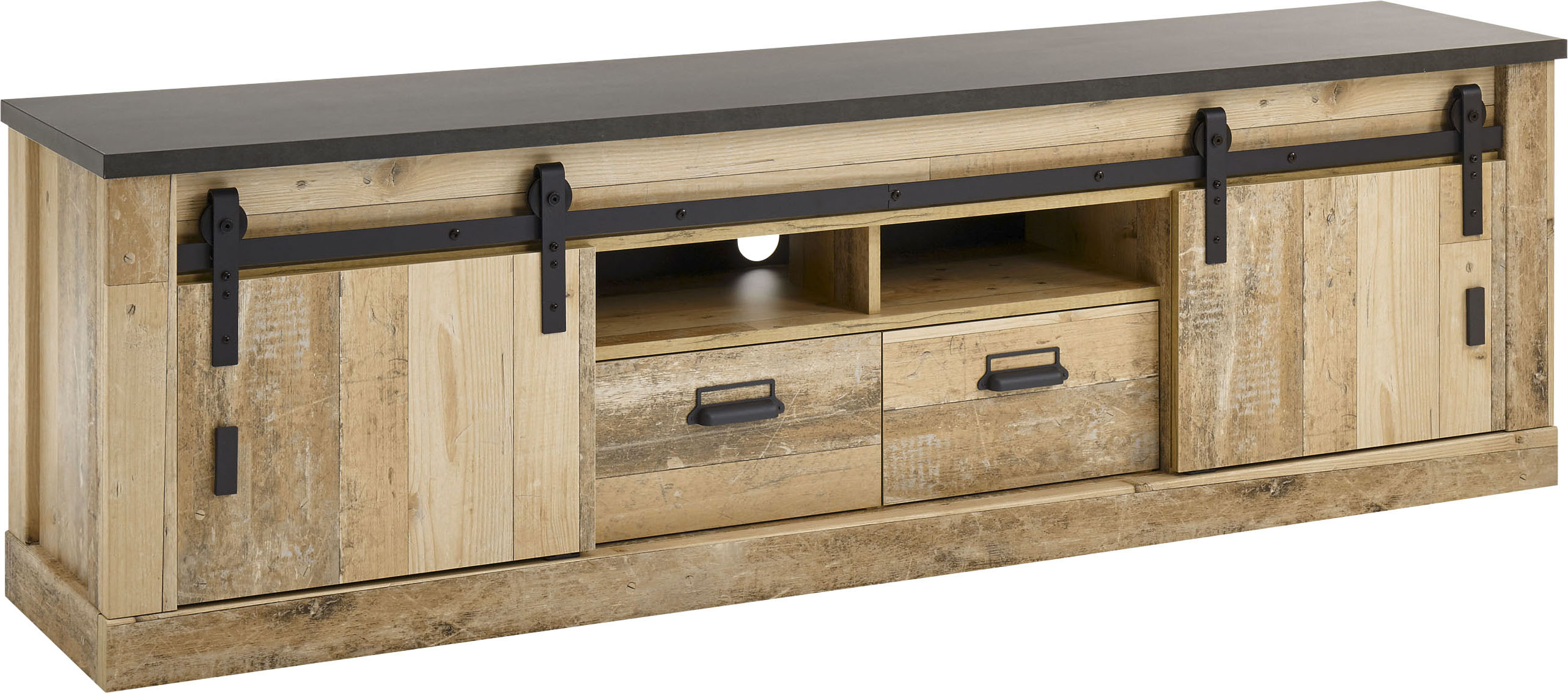 Home affaire Lowboard "Sherwood, TV-Unterteil im Industrial-Style, Kommode, TV-Schrank" Scheunentorbeschlag & Apothekergriff, in 2 Farben & Größen erhältlich