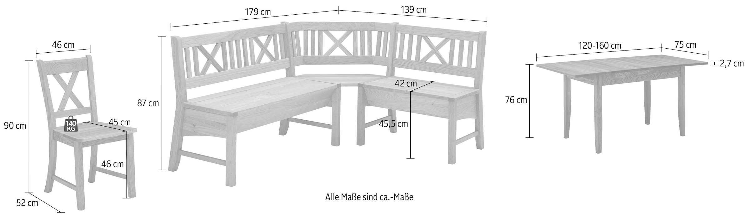 massivline&more Eckbankgruppe »Königsee«, (Set, 4 tlg.), Eckbank ist umstellbar, Eckbank mit Truhe, mit Auszug 120 (160) cm
