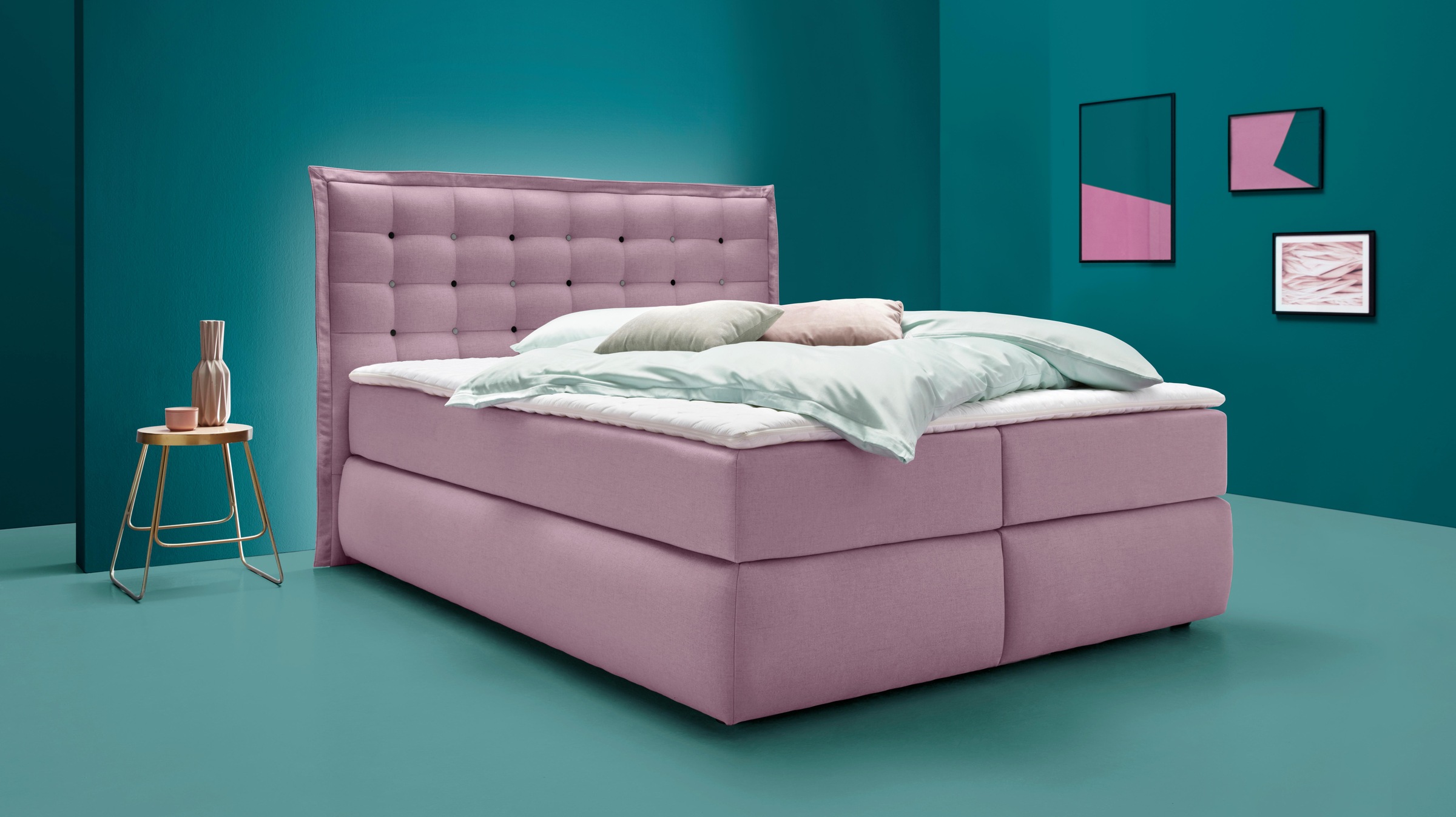 INOSIGN Boxspringbett »Sagres«, Kopfteil mit 2farbiger Flatterbiese und zweifarbigen Knöpfen