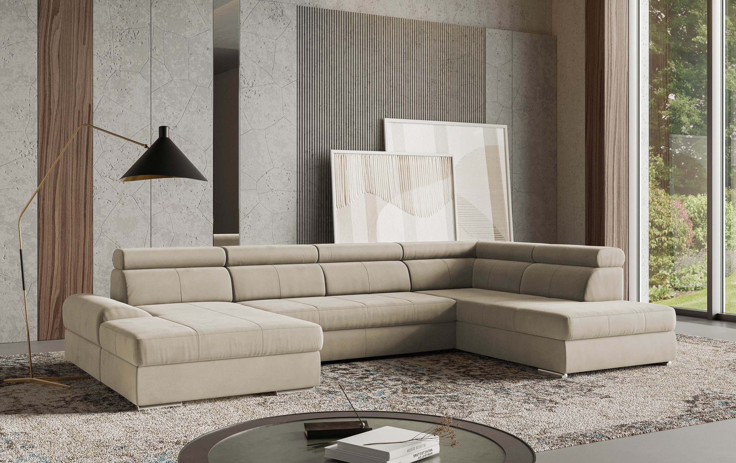Wohnlandschaft SIT & MORE "U-Form", beige (sand), B:345cm H:79cm T:213cm, 100% Polyester, Sofas, Wohnlandschaft, mit verstellbaren Kopfteilen, wahlweise mit Bettfunktion 4