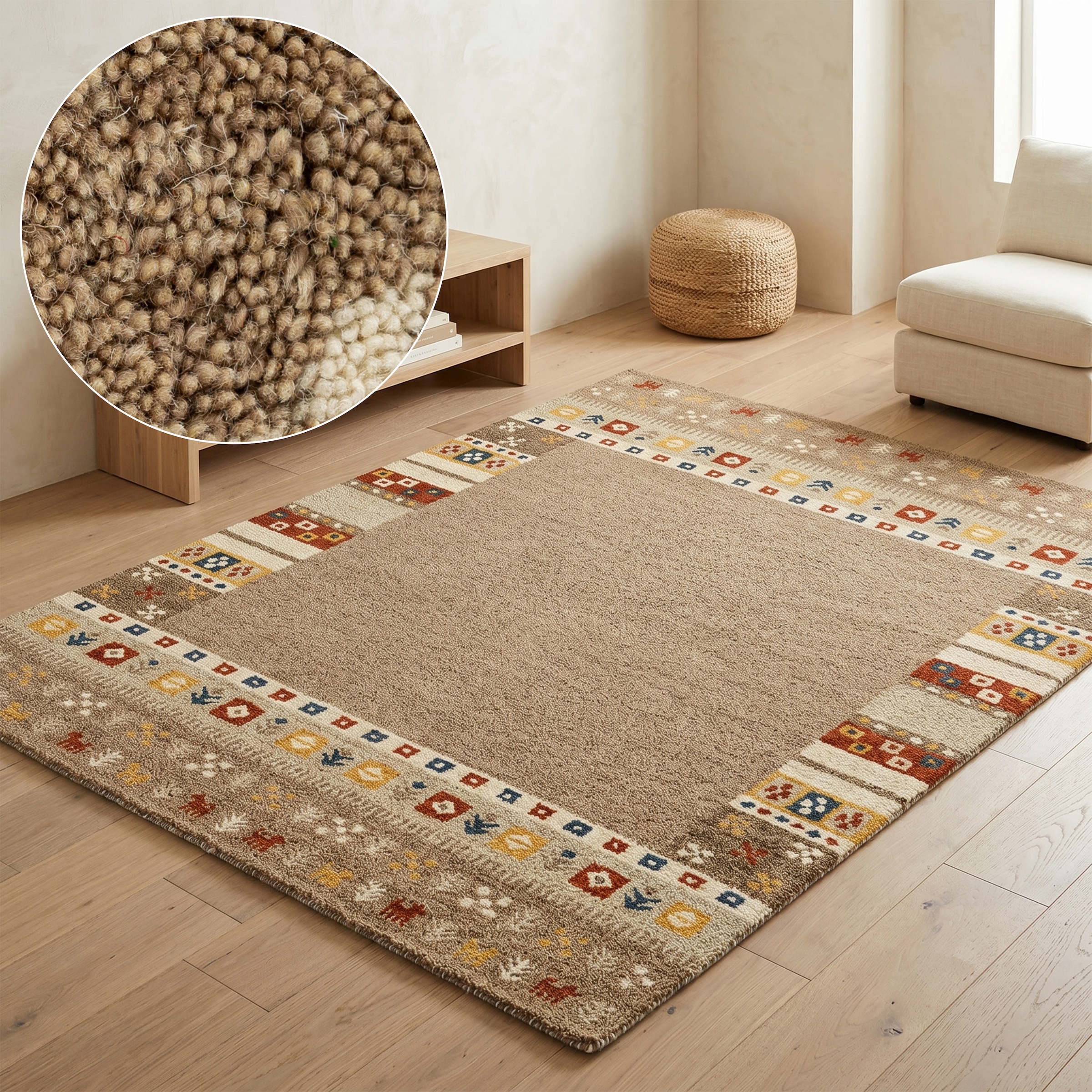 THEKO Wollteppich »Gabbeh Rahmen, reine Wolle, Handgefertigt, mit Bordüre« rechteckig 14 mm Höhe Tiermotiv, Wohnzimmer, Schlafzimmer, Esszimmer