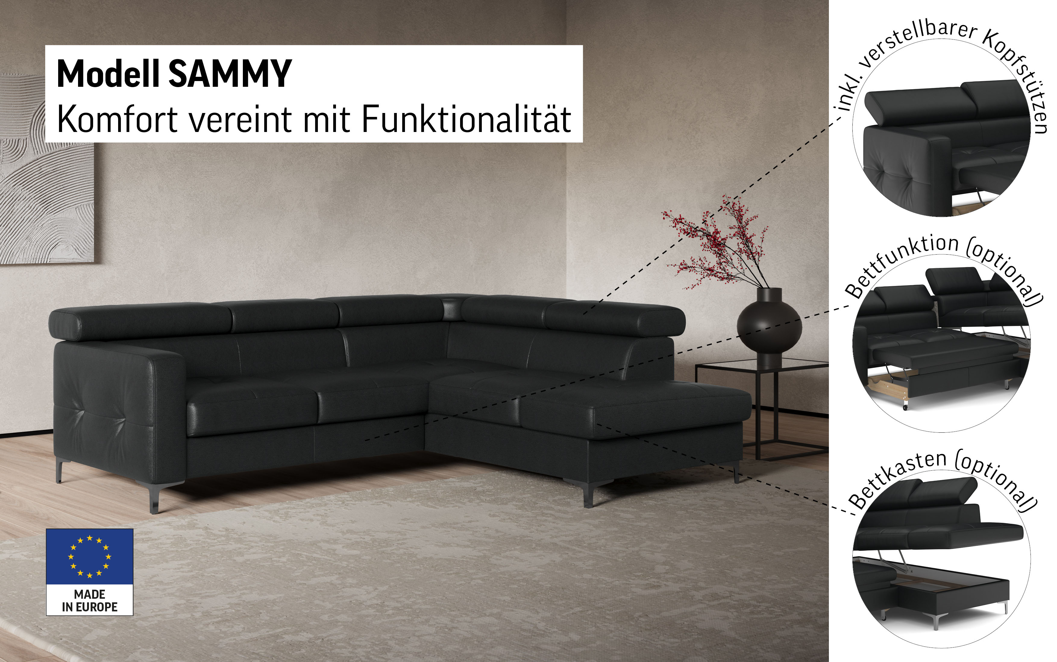 Thumbnail - COTTA "Sammy L-Form" mit Kopfteilverstellung, wahlweise mit Bettfunktion & Bettkasten