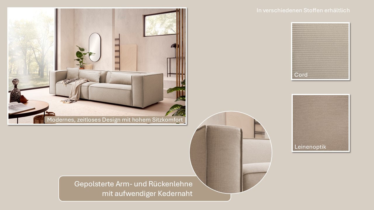 LeGer Home by Lena Gercke 3-Sitzer »PIARA, Couch mit Kedernaht, Sofa in Cord oder Leinenoptik«, schwarze Füße, bequemer Sitzkomfort