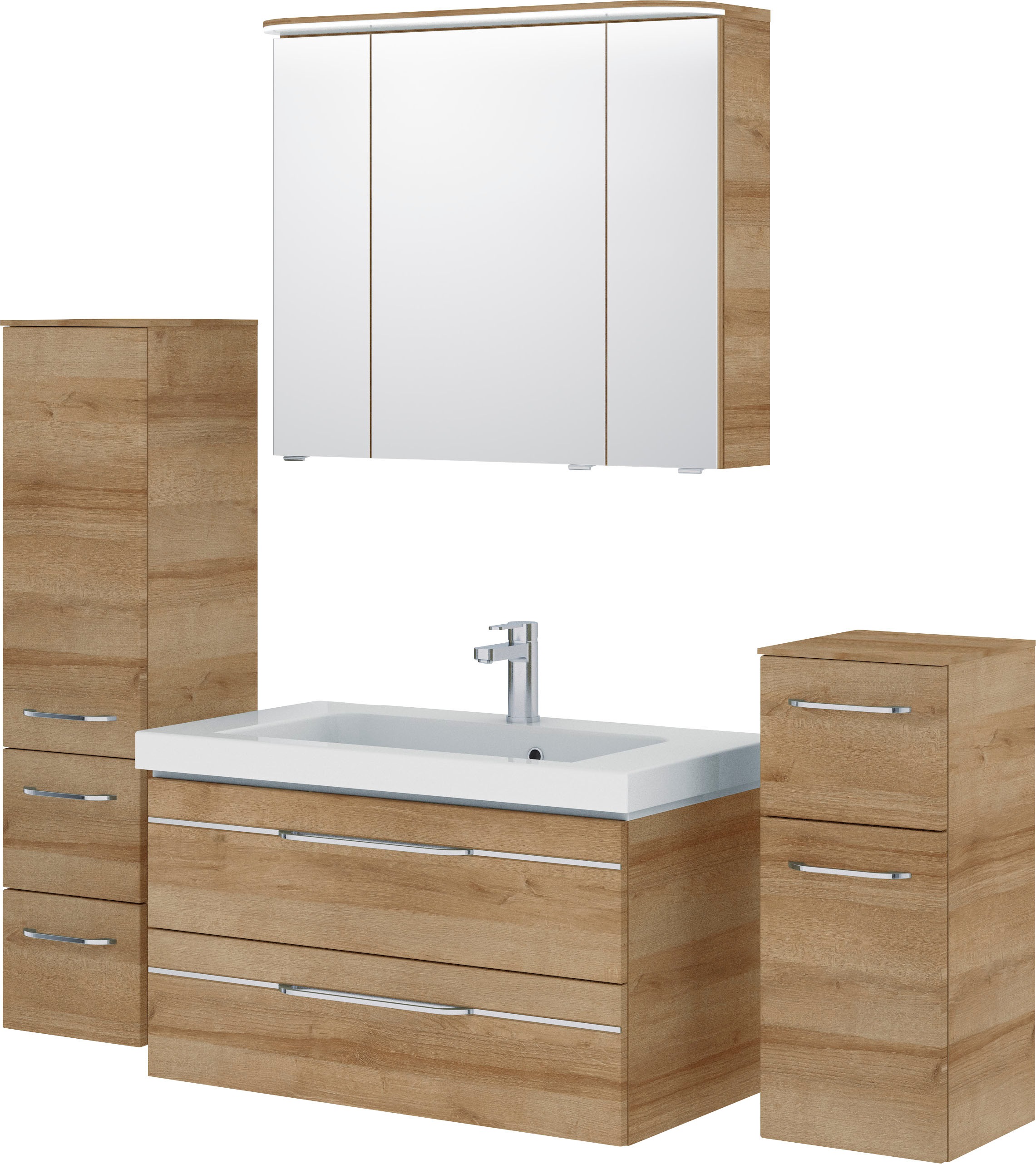 Saphir Badmöbel-Set »Balto Sprint 4-teilig, Mineralmarmor-Waschtisch mit LED-Spiegelschrank«, (5 St.), Midischrank und Unterschrank, inkl Türdämpfer, 5 Türen, 5 Schubladen