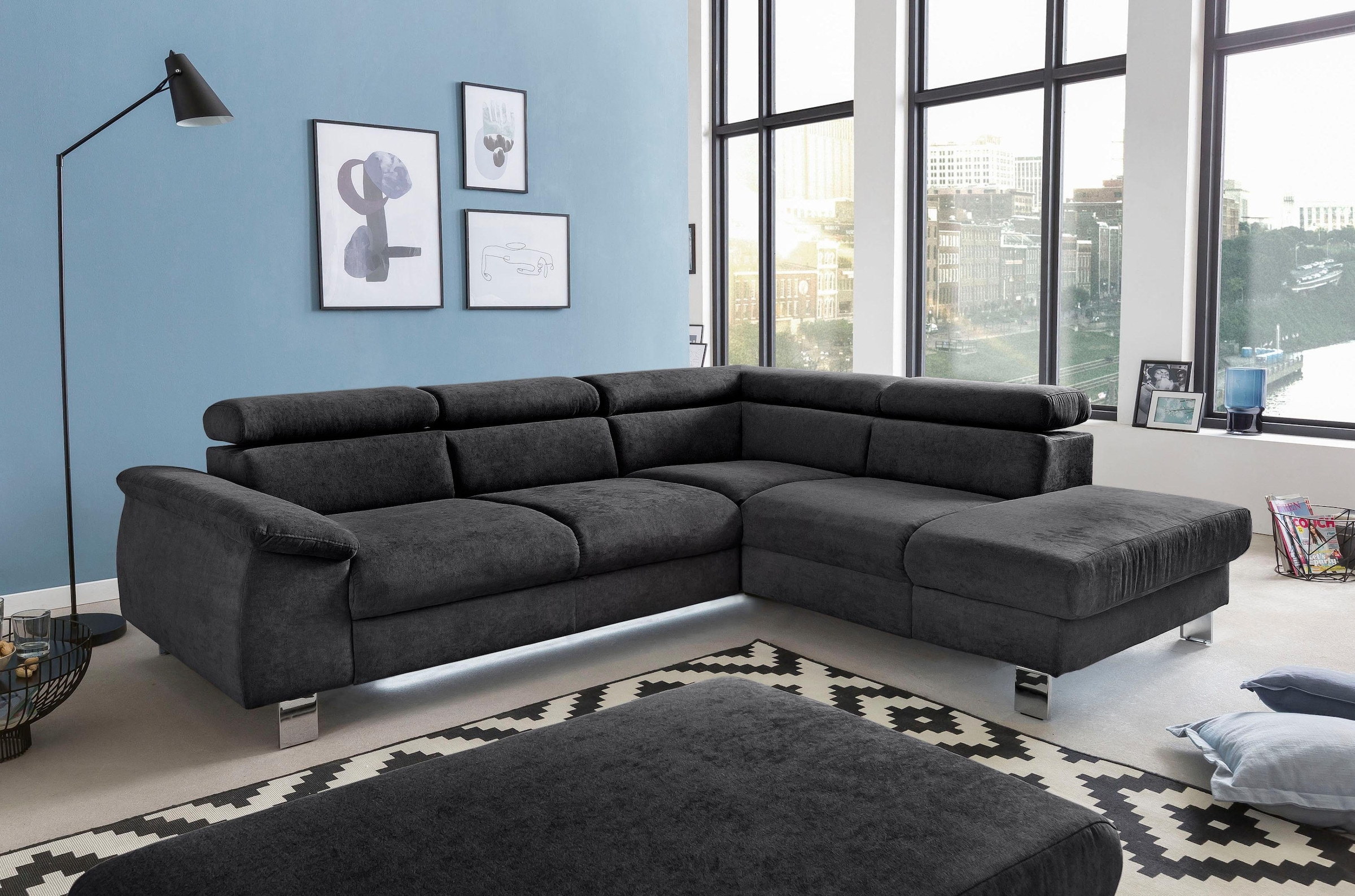COTTA Ecksofa »Komaris L-Form mit Kopfteilverstellung«, wahlweise mit Bettfunktion, Bettkasten & Beleuchtung