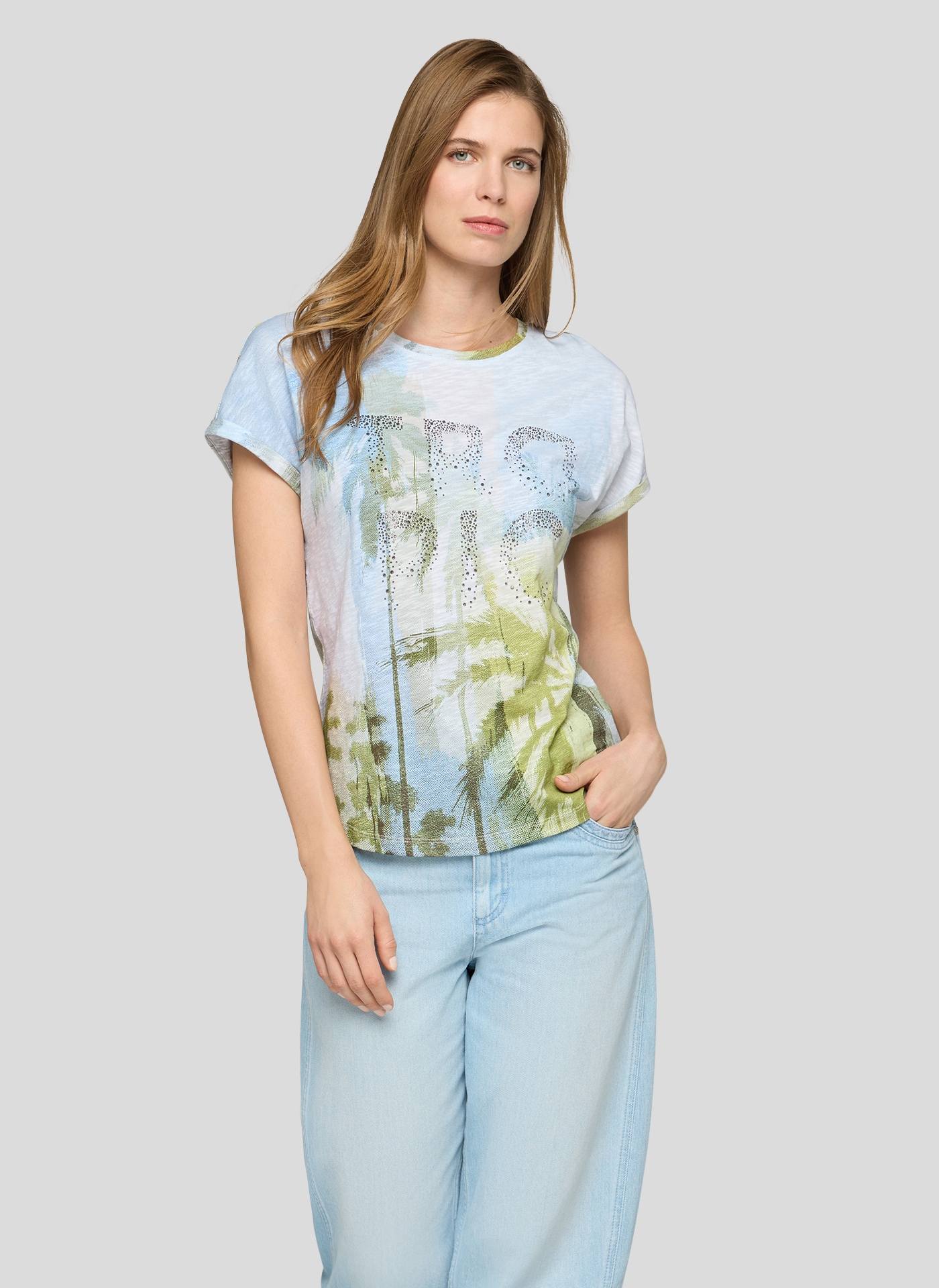 Rabe Kurzarmshirt mit floralem Motiv und Glitzersteinen