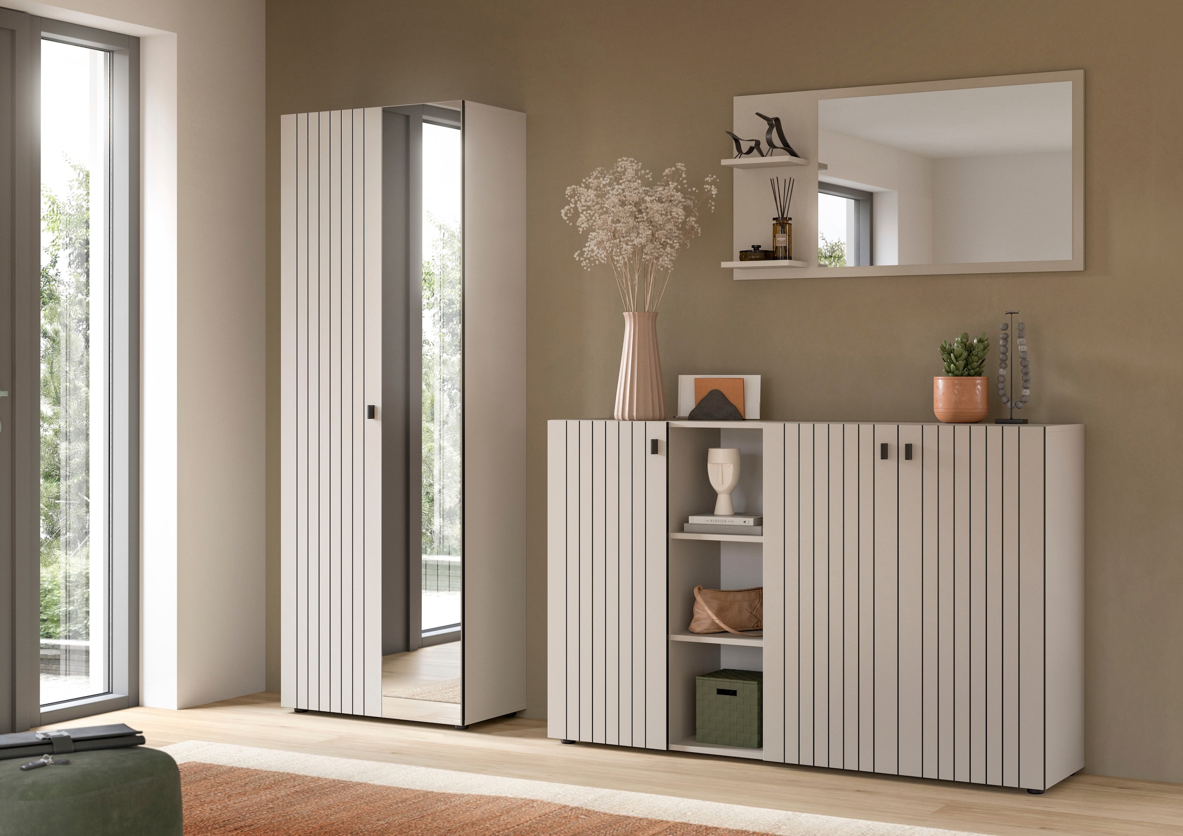 INOSIGN Garderoben-Set »TATIO, 3-tlg. Garderobenkombination, Breite: 235 cm, Rillenfräsung« Set, Set, best. aus: 1 Garderobenschrank, 1 Garderobenspiegel, Schuhkommode, 3 Stk. tlg.