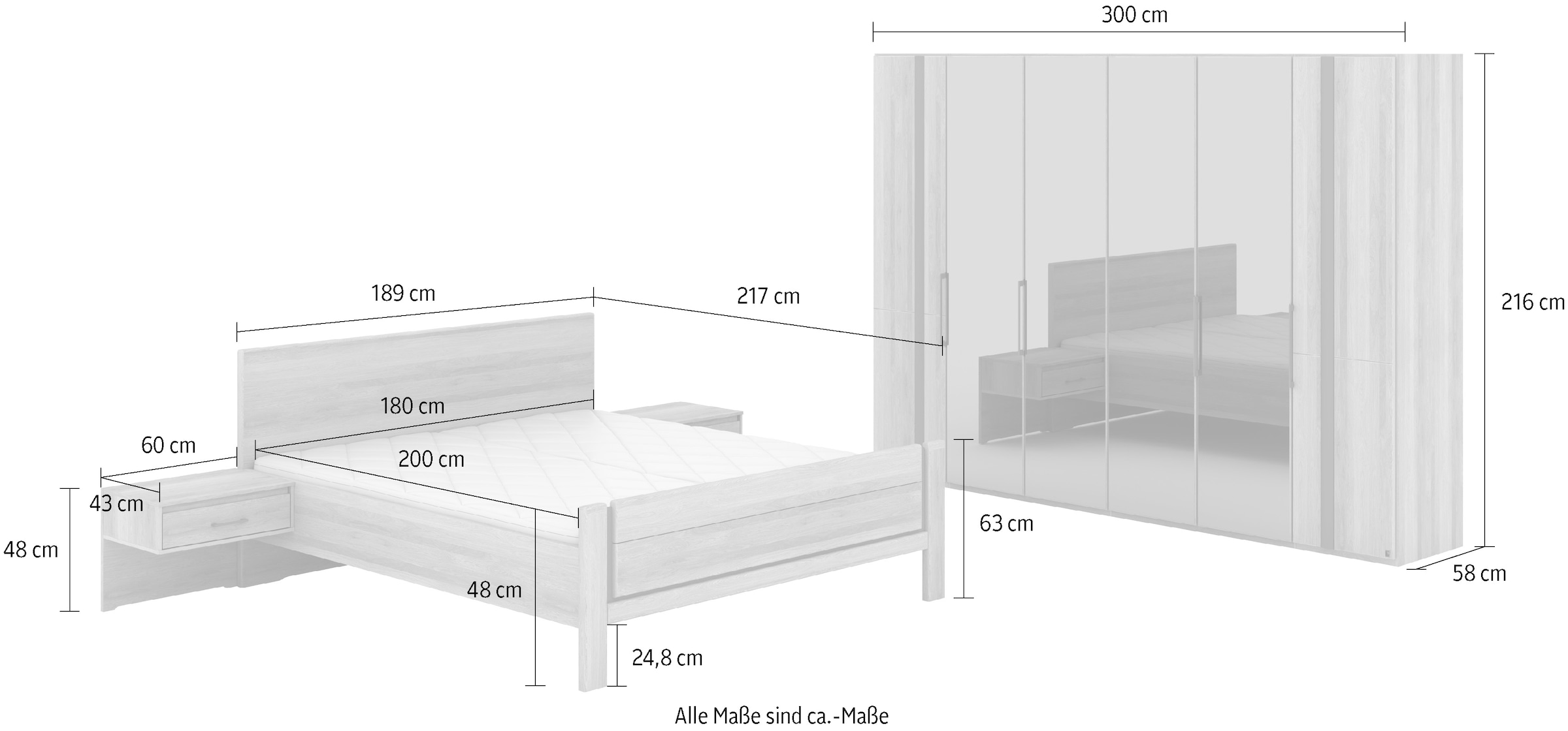 Musterring Schlafzimmer-Set »Sorrent, Kleiderschrank, Bett & Nachtkommoden, teilmassiv Eiche«, (2er-Set Nachtschränke, Drehtürenschrank 300 cm, Bett 180x200 cm), Bett mit Stollenfuß, Eiche teilmassiv, Spiegeltüren in Parsol-Bronze