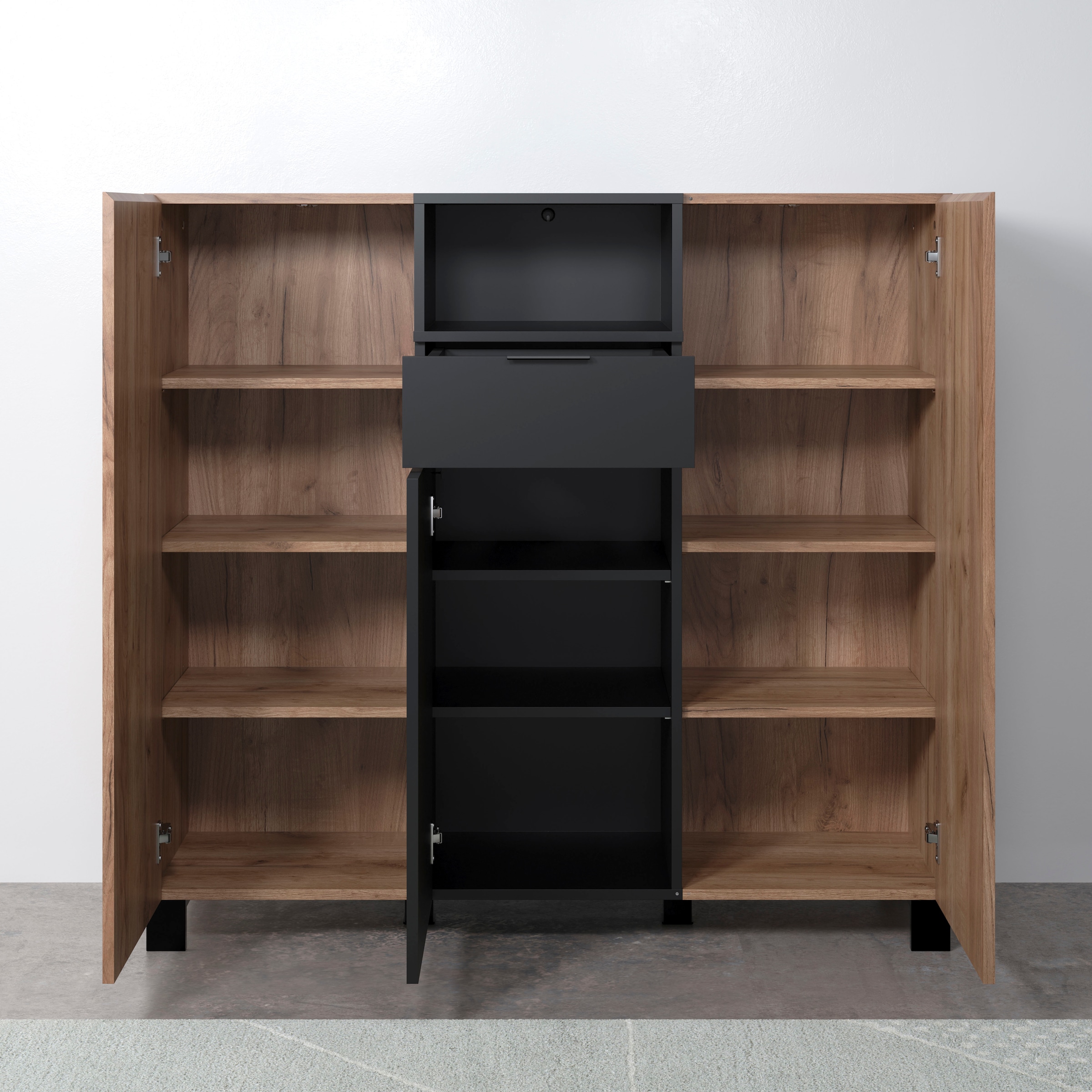 INOSIGN Highboard »Kriens«, Hochschrank Eiche, hellbraun / schwarz matt, Breite 125cm, Höhe 117cm