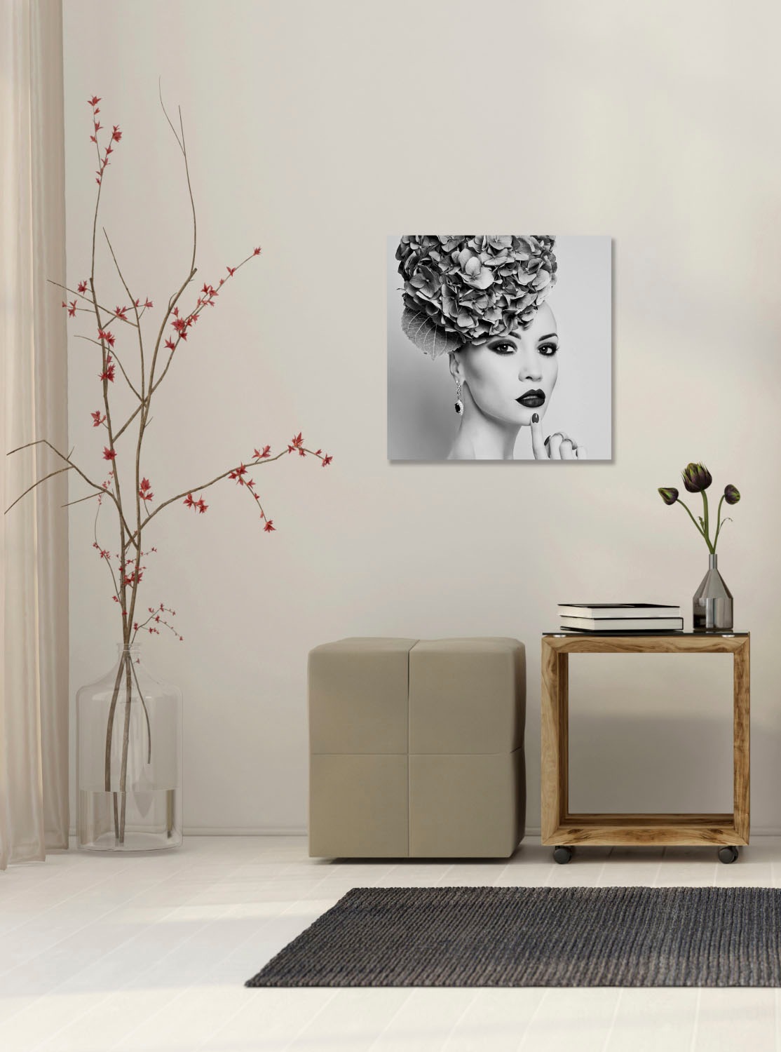 queence Acrylglasbild »Frau mit Blumenhut«, Frau-Kunst-Schwarz-Weiß-Bilder von Frauen, Fine Art-Print in Galeriequalität