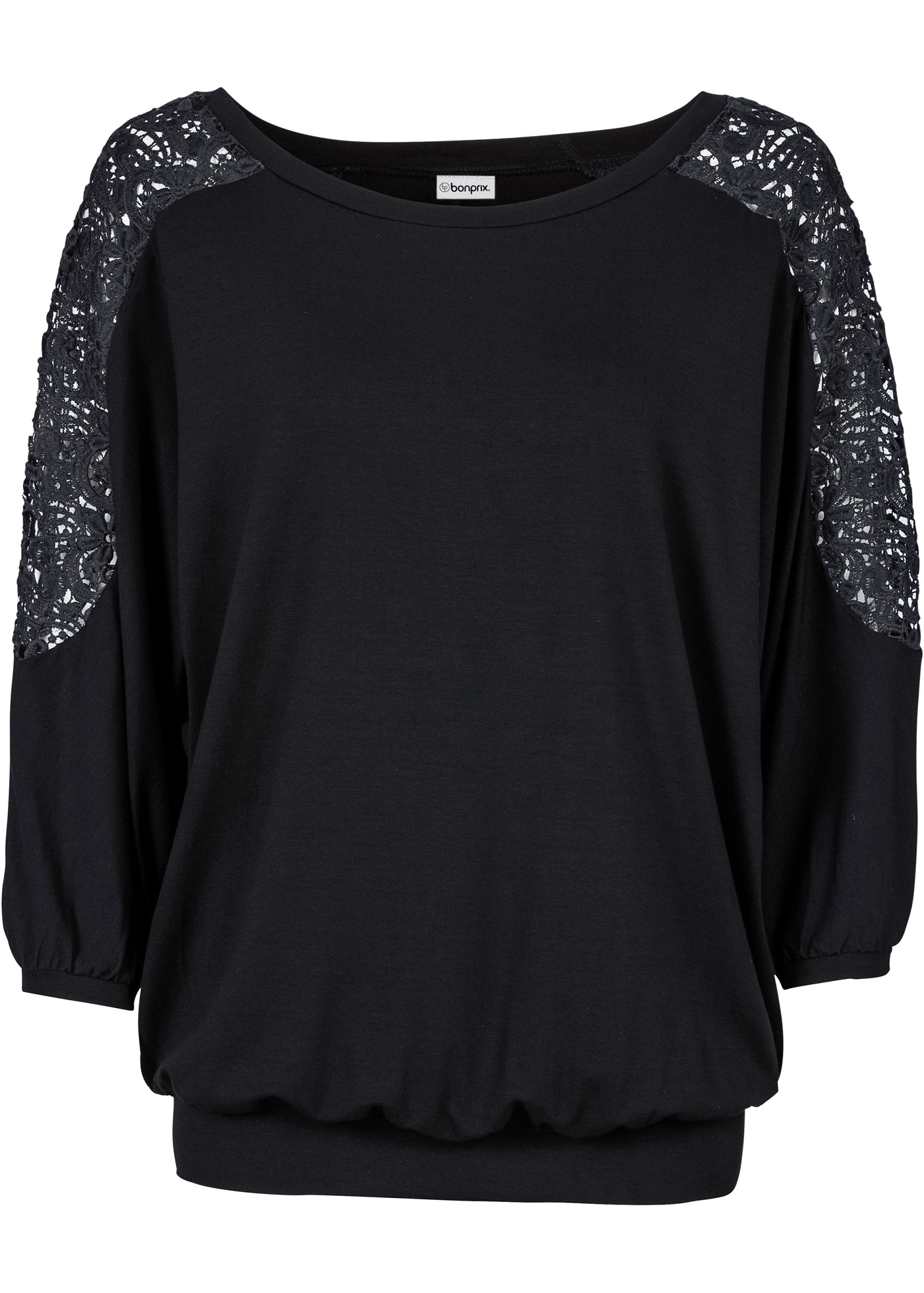 bonprix Oversize-Shirt oversized, 3/4-Fledermausärmel mit Cut-Outs mit Spitzeneinsätzen