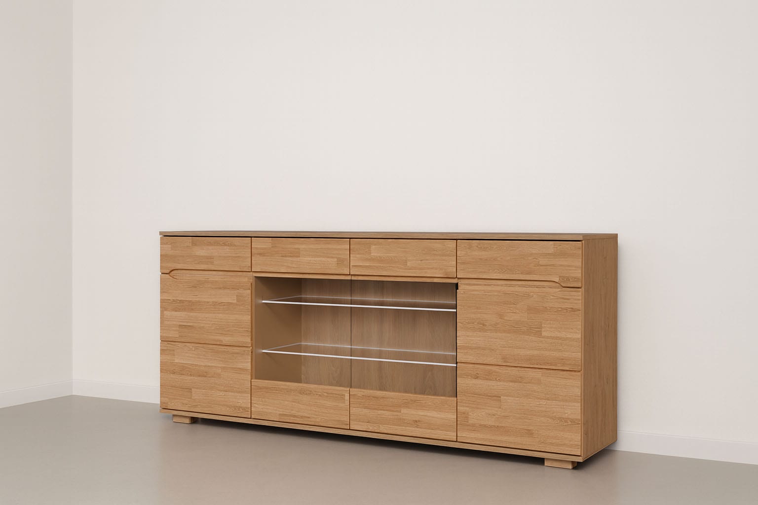 OTTO home Sideboard "VETRO Teilmassiv, Fronten Massivholz, Wohnzimmer, Stauraum,Griffmulde" B/T/H:199/40/85cm, 2 Schubladen, 7Fächer
