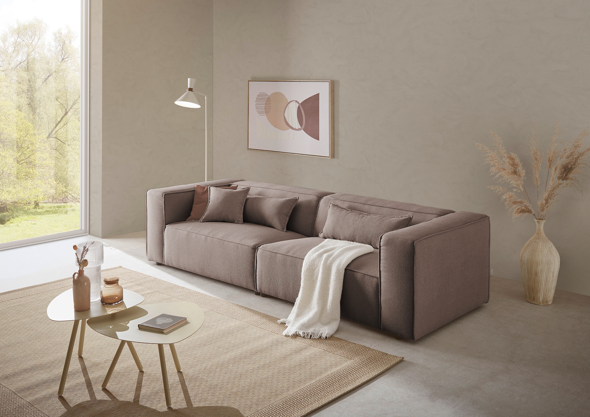 LeGer Home by Lena Gercke 3-Sitzer »PIARA, Couch mit Kedernaht, Sofa in Cord oder Leinenoptik«, schwarze Füße, bequemer Sitzkomfort